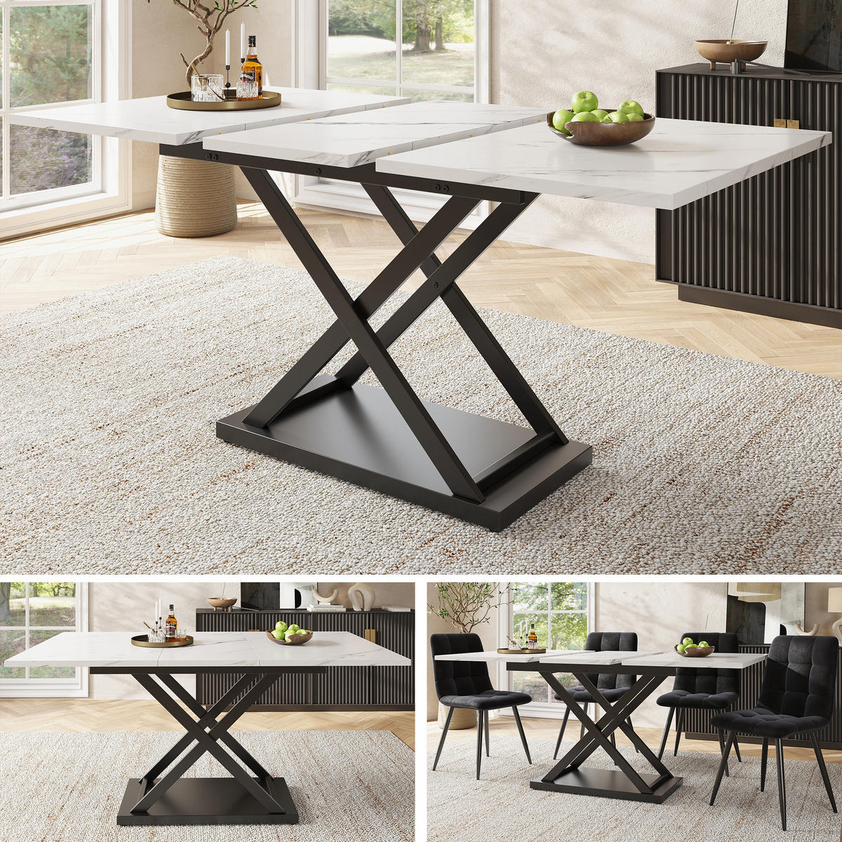 AUSZIEHBARER Esstisch MDF mit Kreuzgestell, 120-160/80/75 cm, Weiß marmoriert/Schwarz - Weiß, Holzwerkstoff (120/80/75cm) - Redom