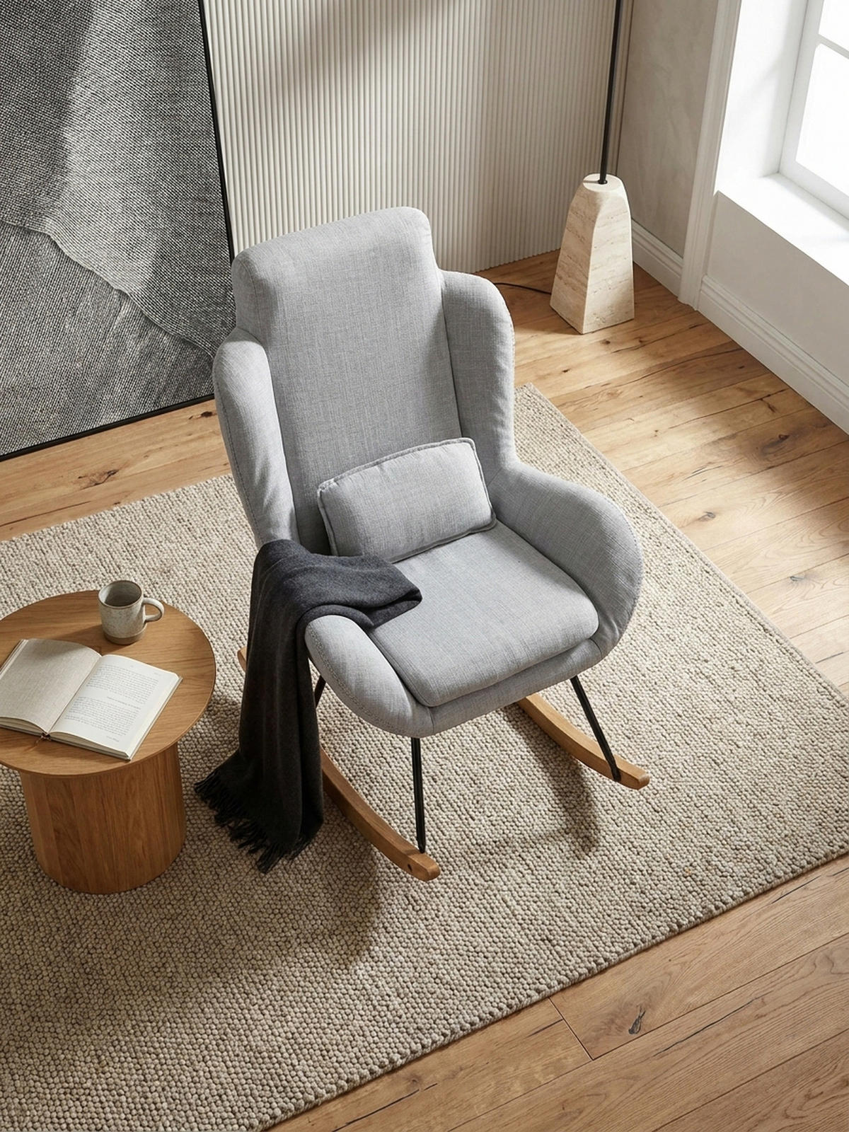 SCHAUKELSTUHL Gummibaumholz Hohe Lehne Abnehmbare Polsterung LAVANT, Anthrazit 75x88x110 cm - Anthrazit/Schwarz, Holz/Textil (75/110/88cm) - KADIMA DESIGN