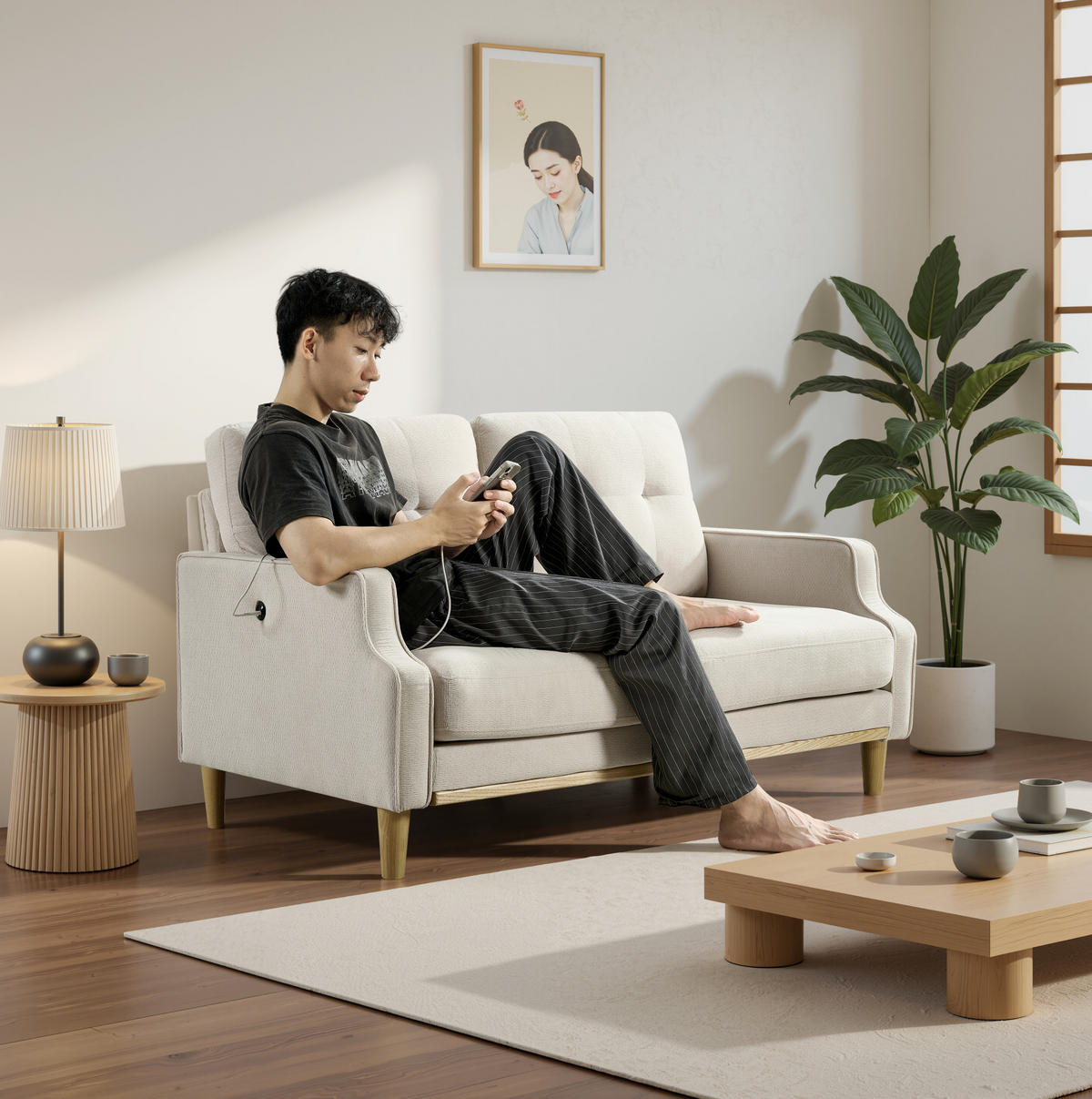 SOFA mit USB-Anschluss Stoff Beige - Beige, Holzwerkstoff (135/85/72cm) - Meubliv
