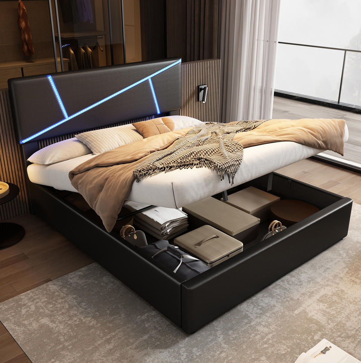 POLSTERBETT 90/200 cm Schwarz aus PU mit LED-Beleuchtung und Bettkasten - Schwarz, Kunststoff (90/200cm) - OKMYHOME