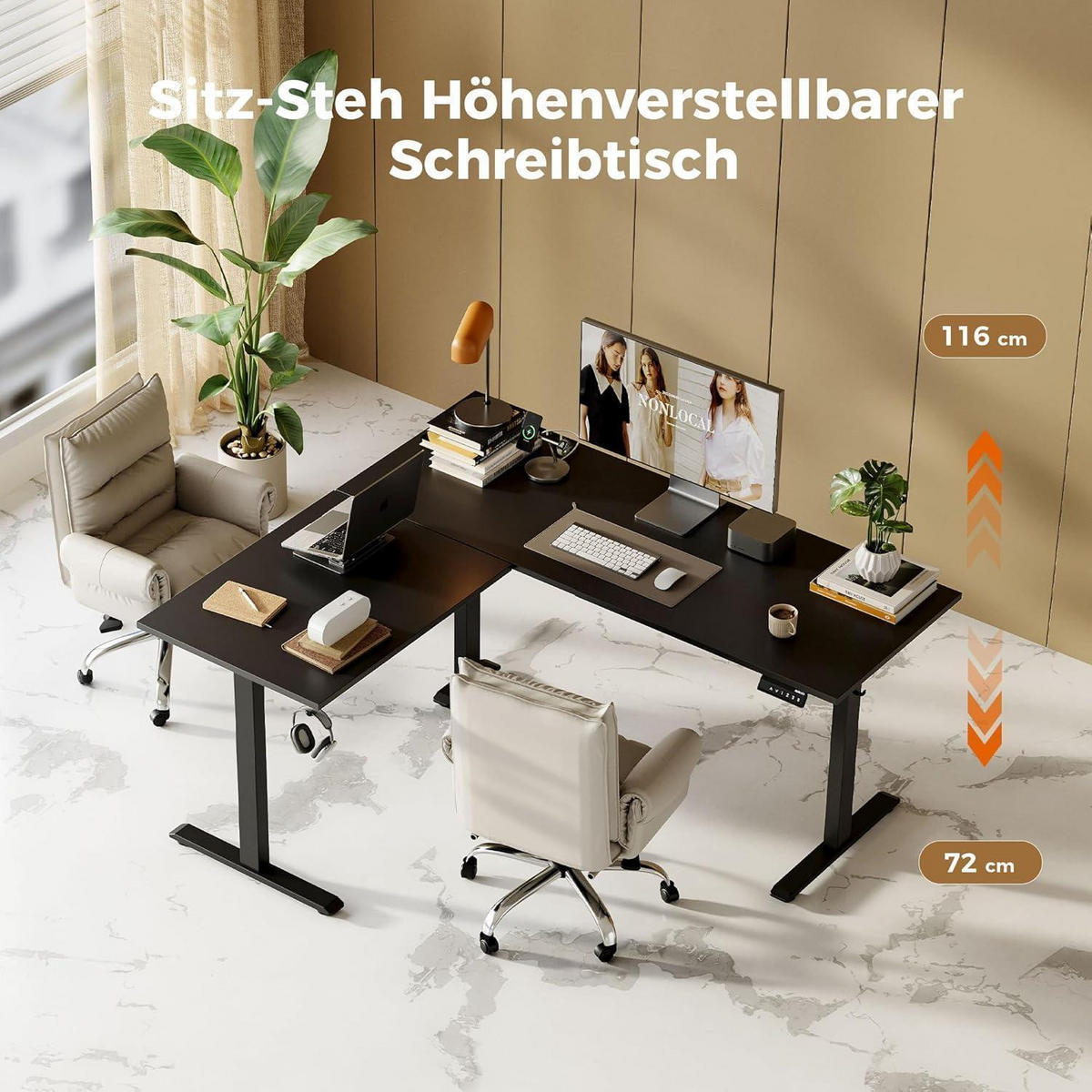 SCHREIBTISCH L-förmig höhenverstellbar Schwarz 150 x 125 cm - Schwarz, Metall (150/60/75cm)