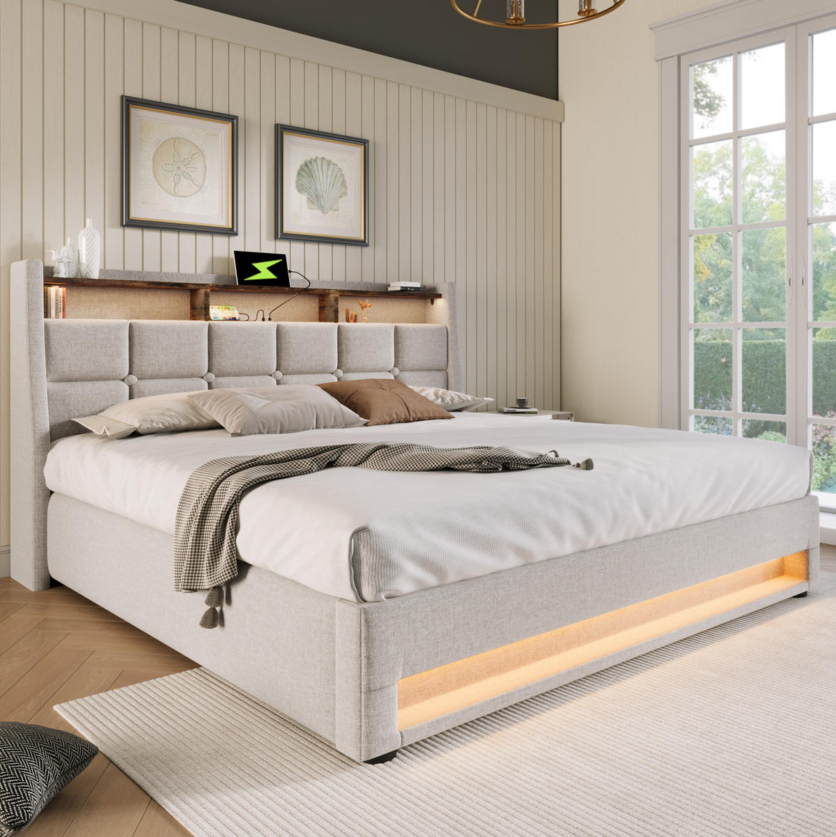 POLSTERBETT 160/200 cm Beige mit LED-Beleuchtung, USB und Stauraum - Beige, Textil (160/200cm) - Flora Grace