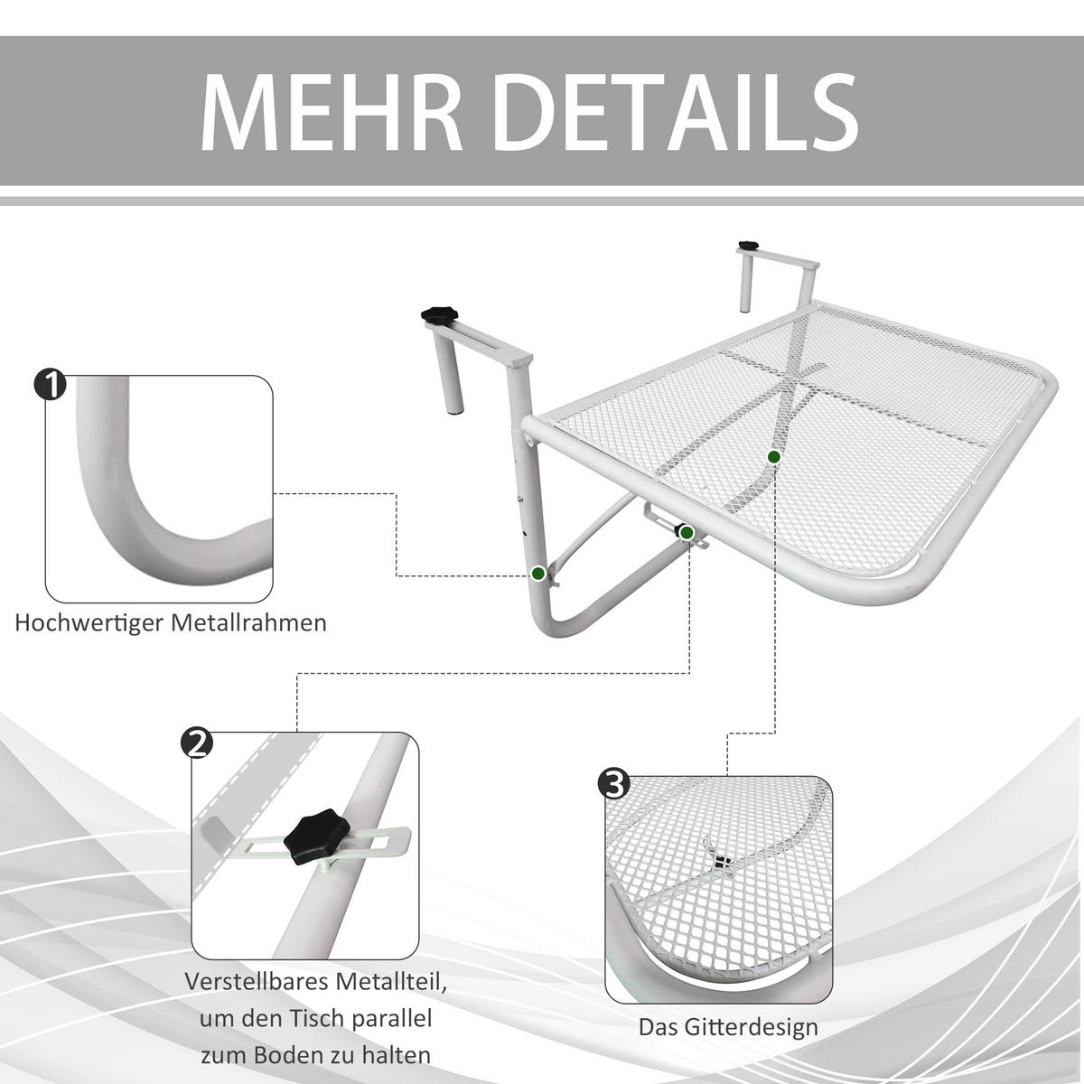 BALKONHÄNGETISCH Gartentisch höhenverstellbar rechteckig Terrasse Beistelltisch - Weiß, Metall (60/56/50cm) - Outsunny