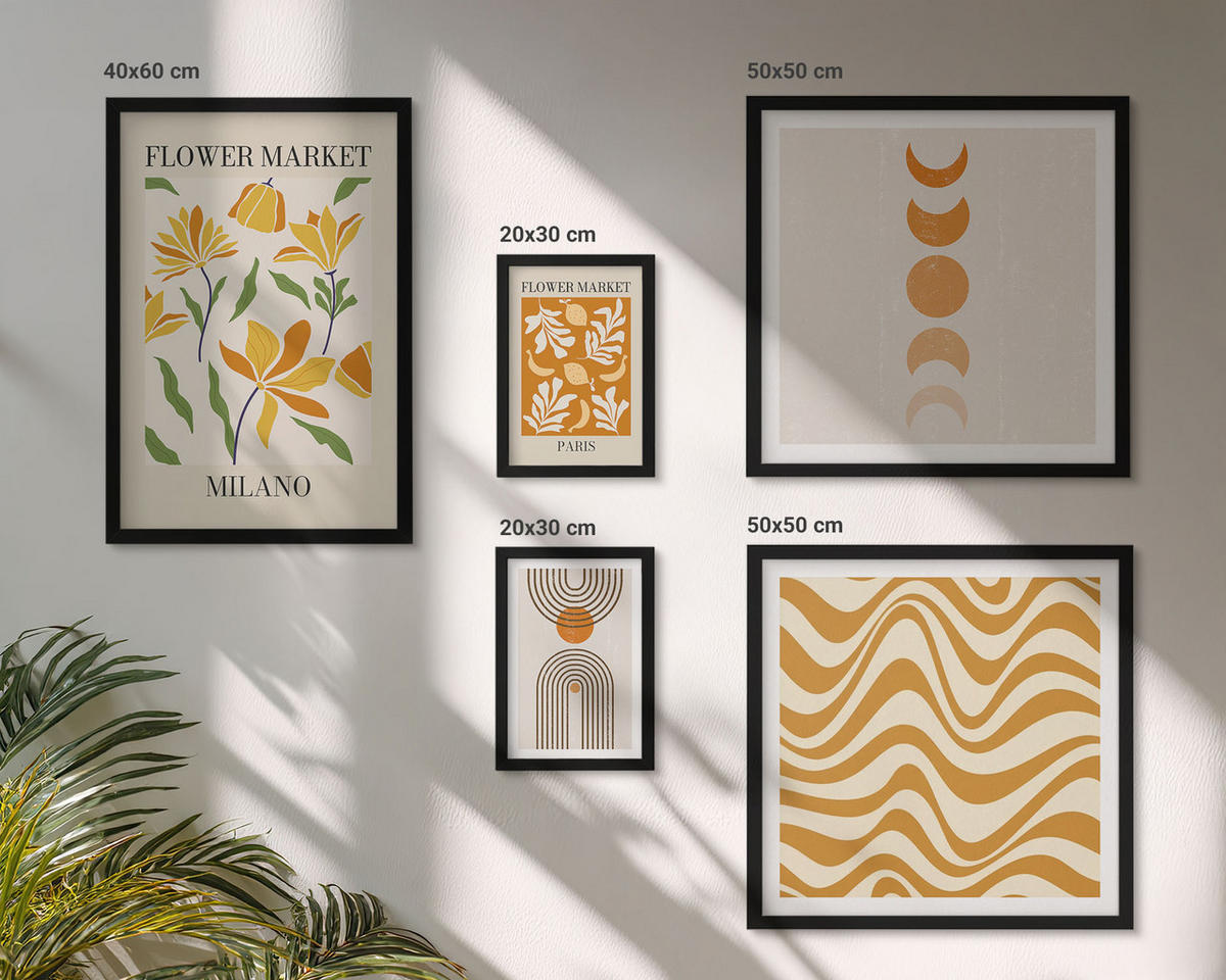 BILDER SET 5er Set - 50x50 cm & 20x30 cm & 40x60 cm Schwarzer Rahmen - Geometrische Pflanzenmuster - Schwarz, Kunststoff (40/60cm) - TULUP