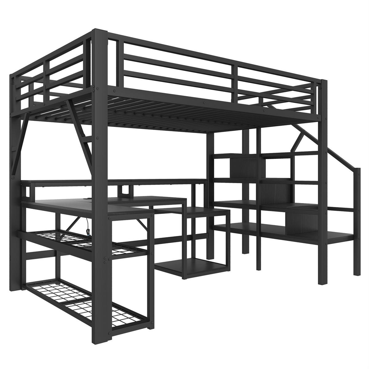 HOCHBETT 140/200 cm aus Metall mit Schreibtisch, Stauraum und LED-Beleuchtung - Schwarz, Metall (140/200cm) - Flora Grace