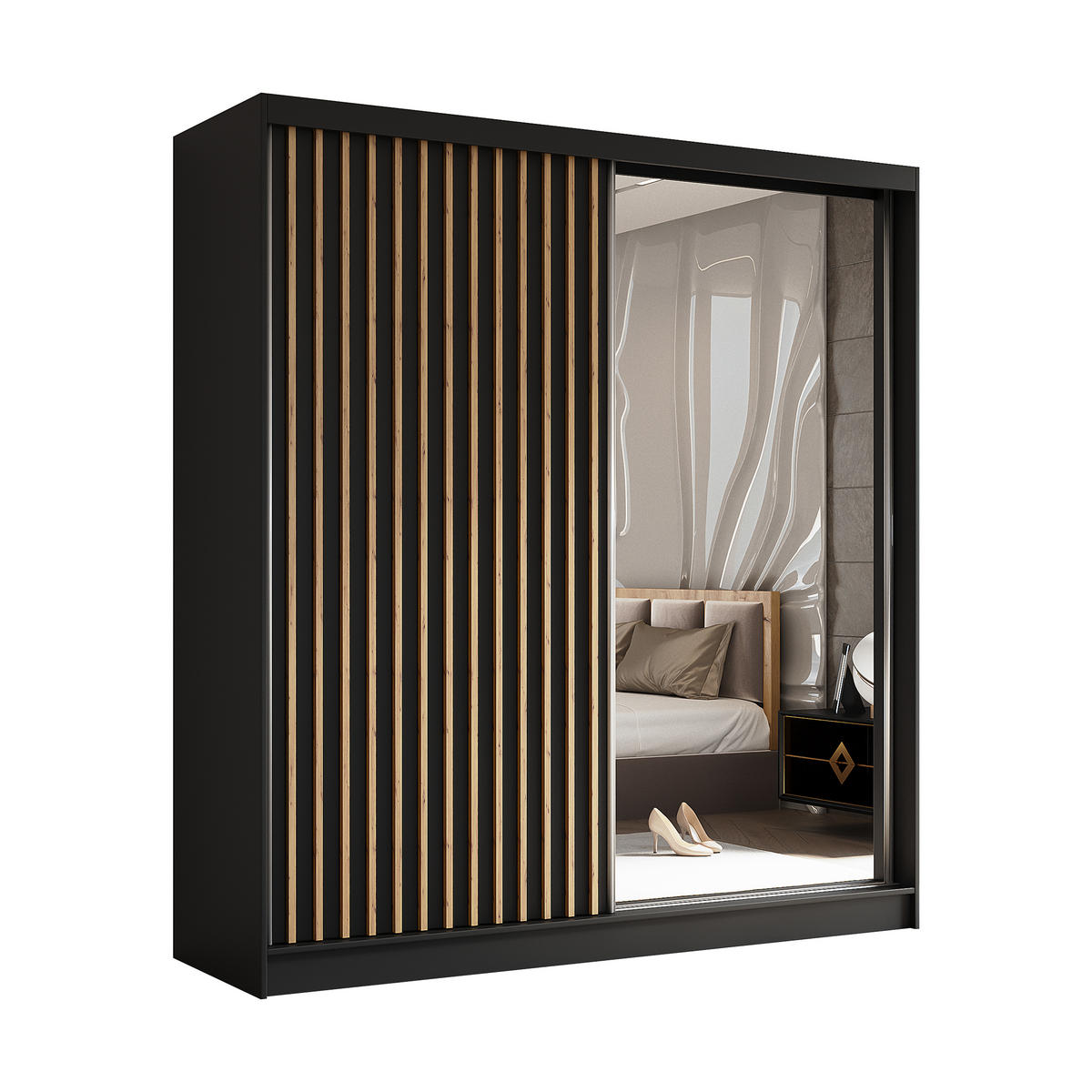 SCHWEBETÜRENSCHRANK Cabinio Schwarz Eiche Artisan 200/216/61 cm – mit Spiegel und Lamellen - Walnussfarben/Schwarz, Holzwerkstoff/Kunststoff (200/216/61cm) - AX Living