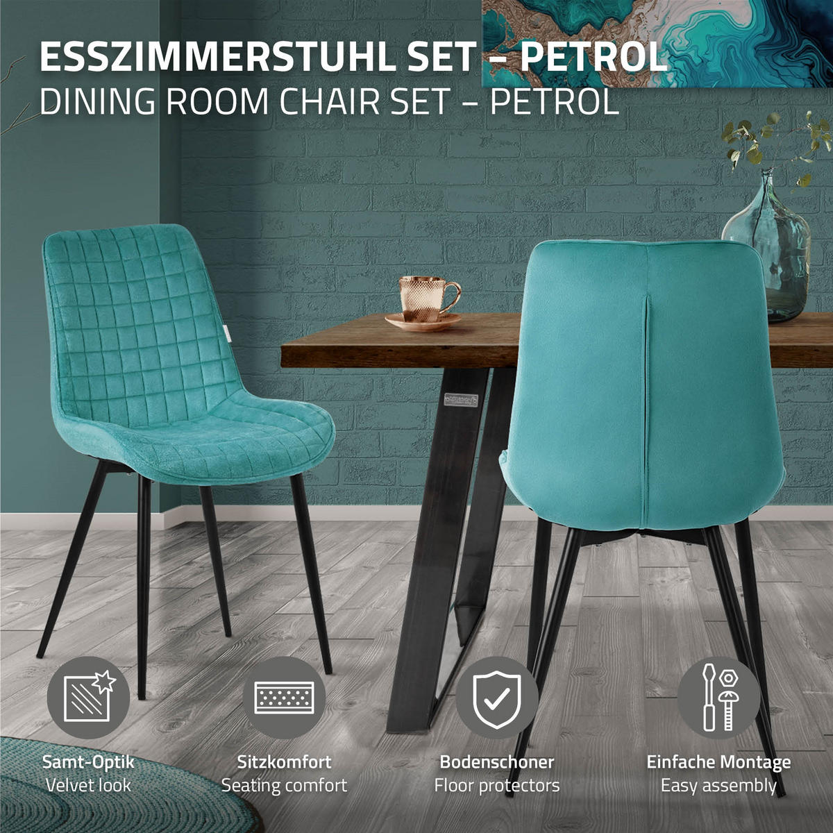 ESSZIMMERSTÜHLE 4ER-SET Petrol Samt - Petrol/Schwarz, Textil/Metall (52/89/60cm) - ML-DESIGN