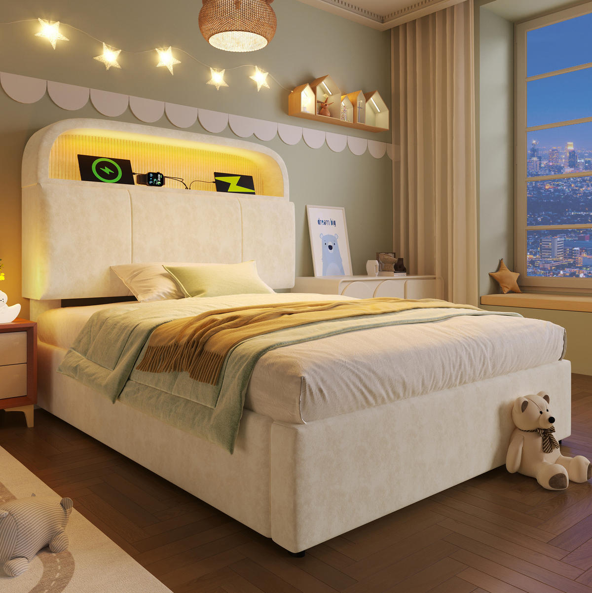 POLSTERBETT 90/200 cm Beige aus Samt mit Stauraum, LED-Beleuchtung und USB - Beige, Textil (90/200cm) - Flora Grace