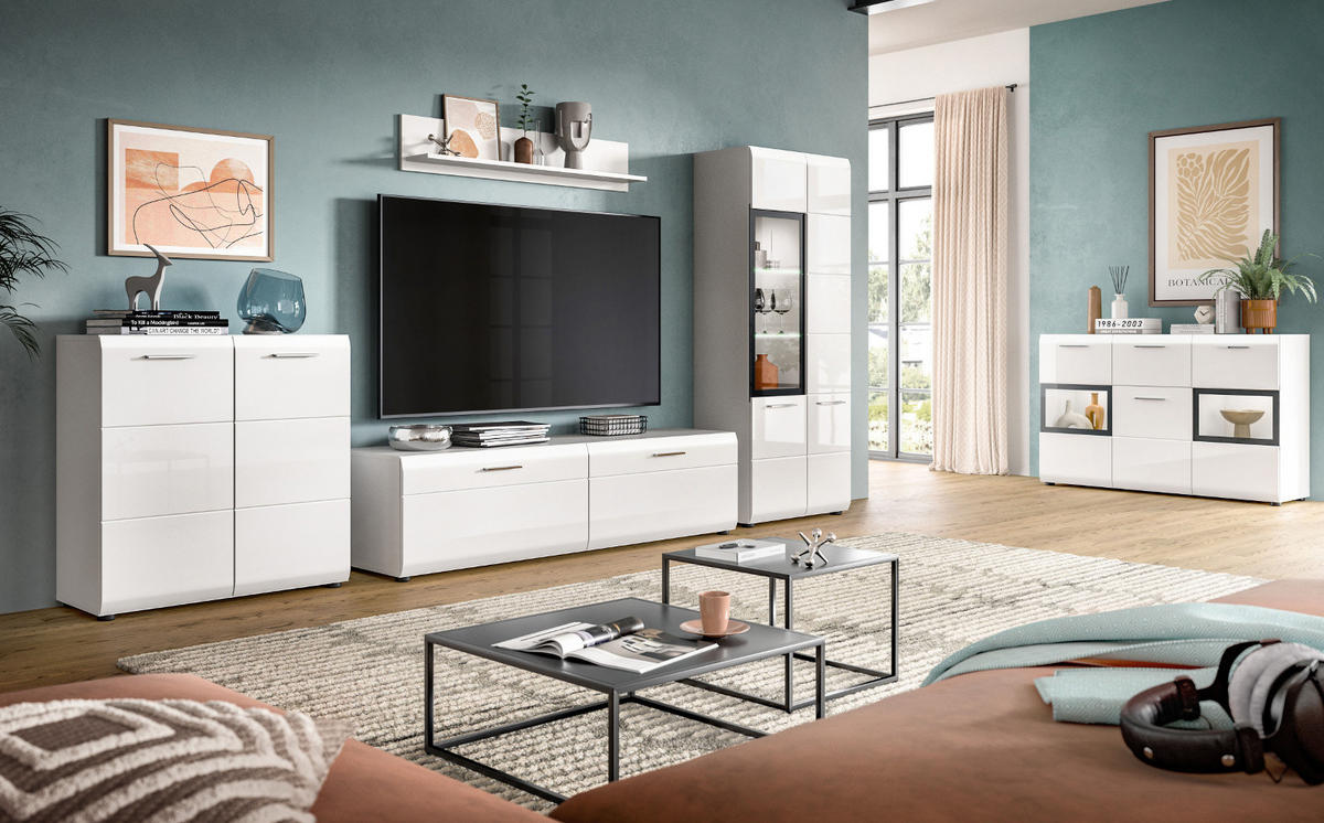 WOHNWAND weiß Hochglanz 3-teilig 235 cm, Schrankwand modernes Design - Weiß Hochglanz/Silberfarben, Glas/Holzwerkstoff (235/160/41cm) - Inn.Furn