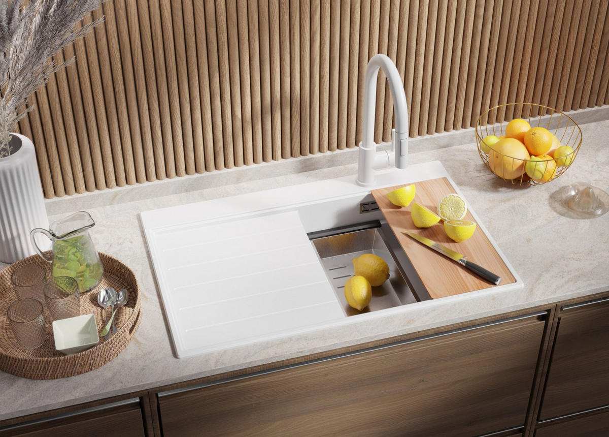 SPÜLBECKEN Sydney, 2-er set Weiß 78/50 cm 1 Becken + Ablauf-Set + Küchenzubehörset ab 45er Unterschrank - Chromfarben/Beige, Kunststoff (78/20/50cm) - Primagran