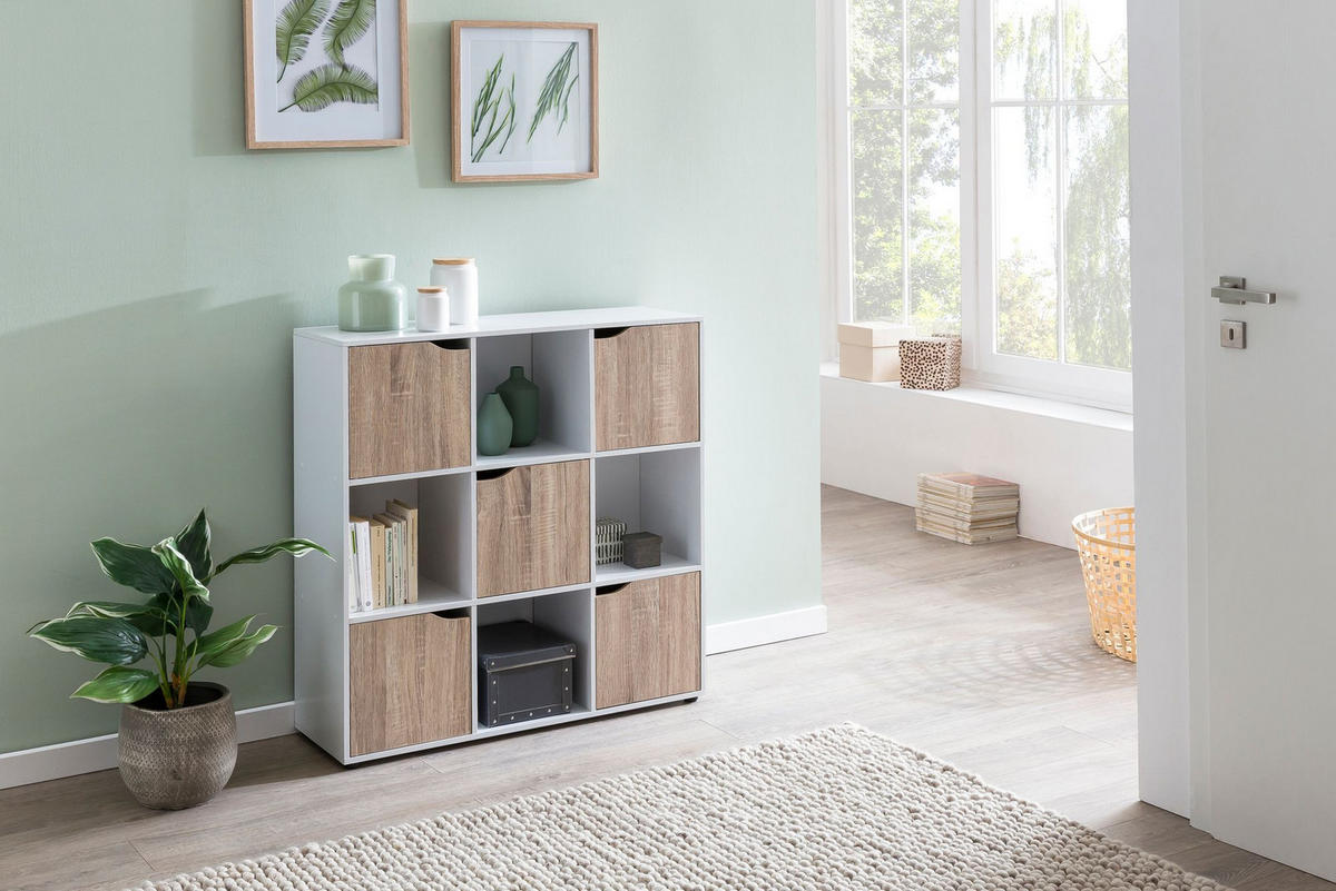 REGAL – Weiß/Sonoma, 89x91x29 cm, 9 Fächer, für Bücher und Deko - Schwarz/Weiß, Holz (89/91/29cm) - KADIMA DESIGN