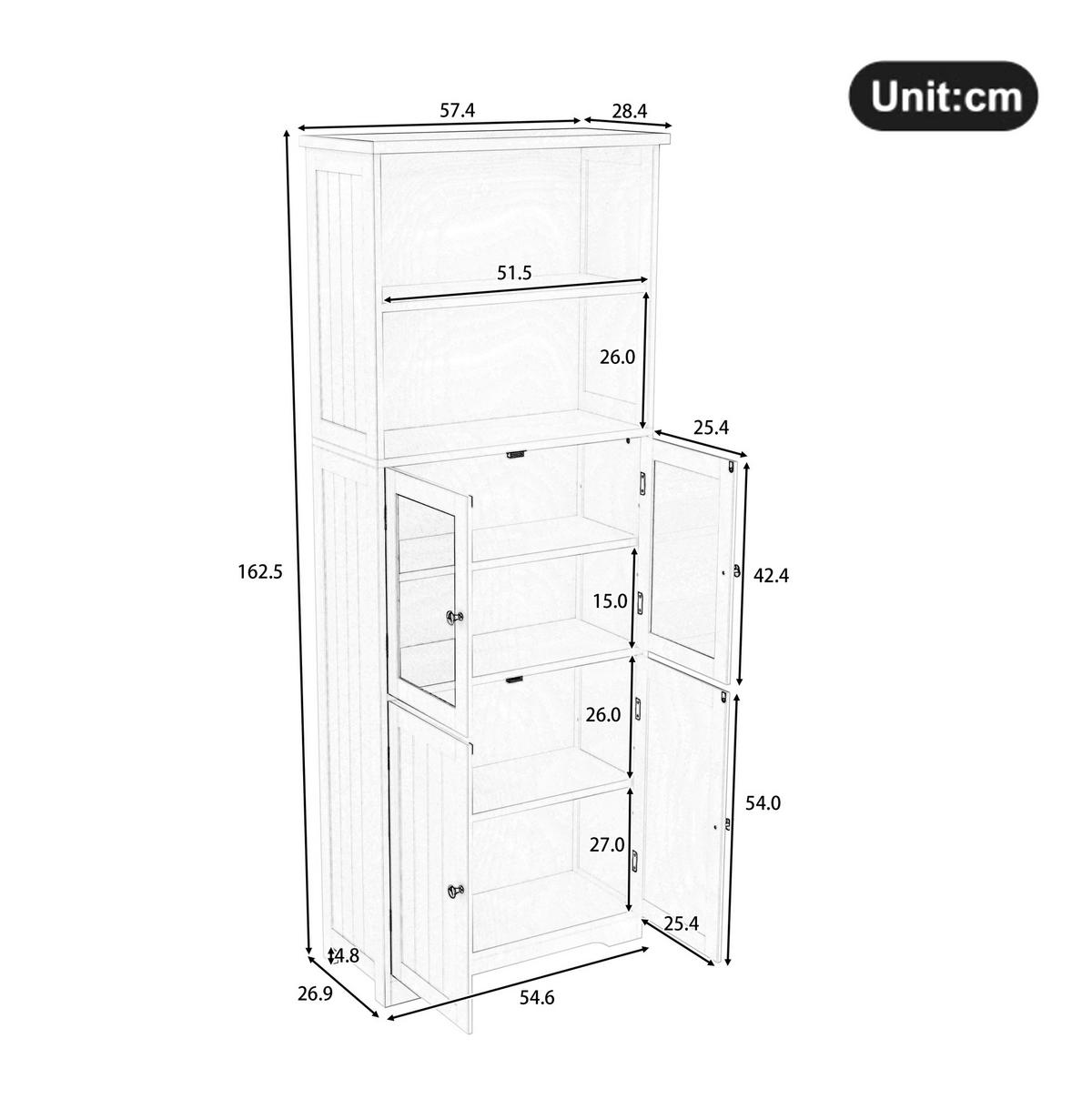 HOCHSCHRANK mit 4 Türen, feuchtigkeitsbeständiger Lack, 57,5/28,5/160 cm, Grau - Grau, Holzwerkstoff (57.4/160/28.5cm) - Redom