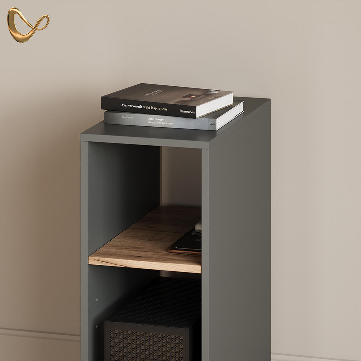 PC-SCHRANK Lorena Anthrazit/Goldkraft Eiche 28.5 x 72 cm mit 2 Fächern - Anthrazit, Holzwerkstoff (28.5/72/50cm) - Livinity®