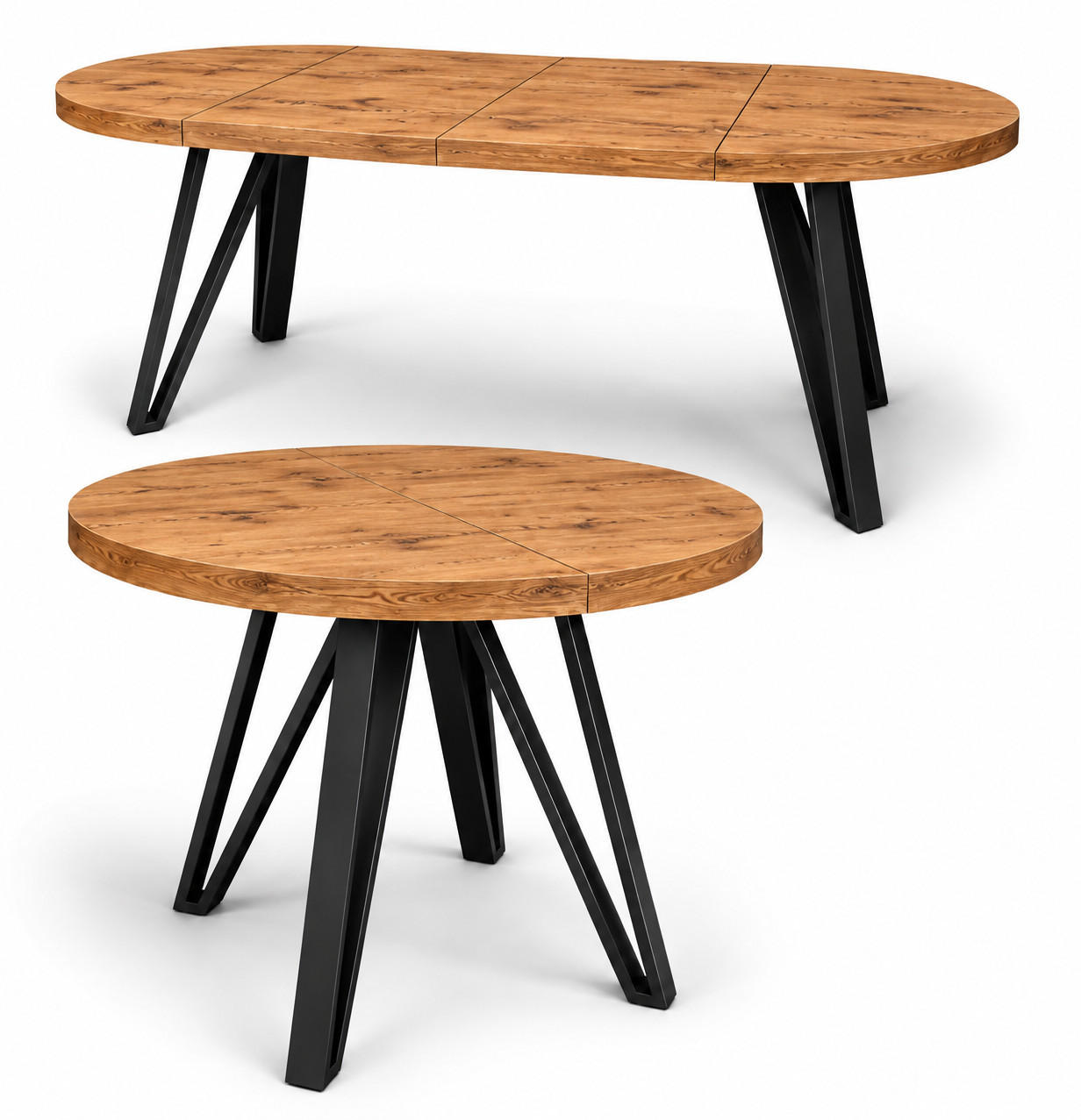 ESSTISCH rund ausziehbar 90/190/76 cm, Eiche Craft, 54 cm Tischplatte + Industrial Metallgestell Schwarz - Eichefarben/Schwarz, Holzwerkstoff/Metall (90/190/76cm) - Damale Möbel