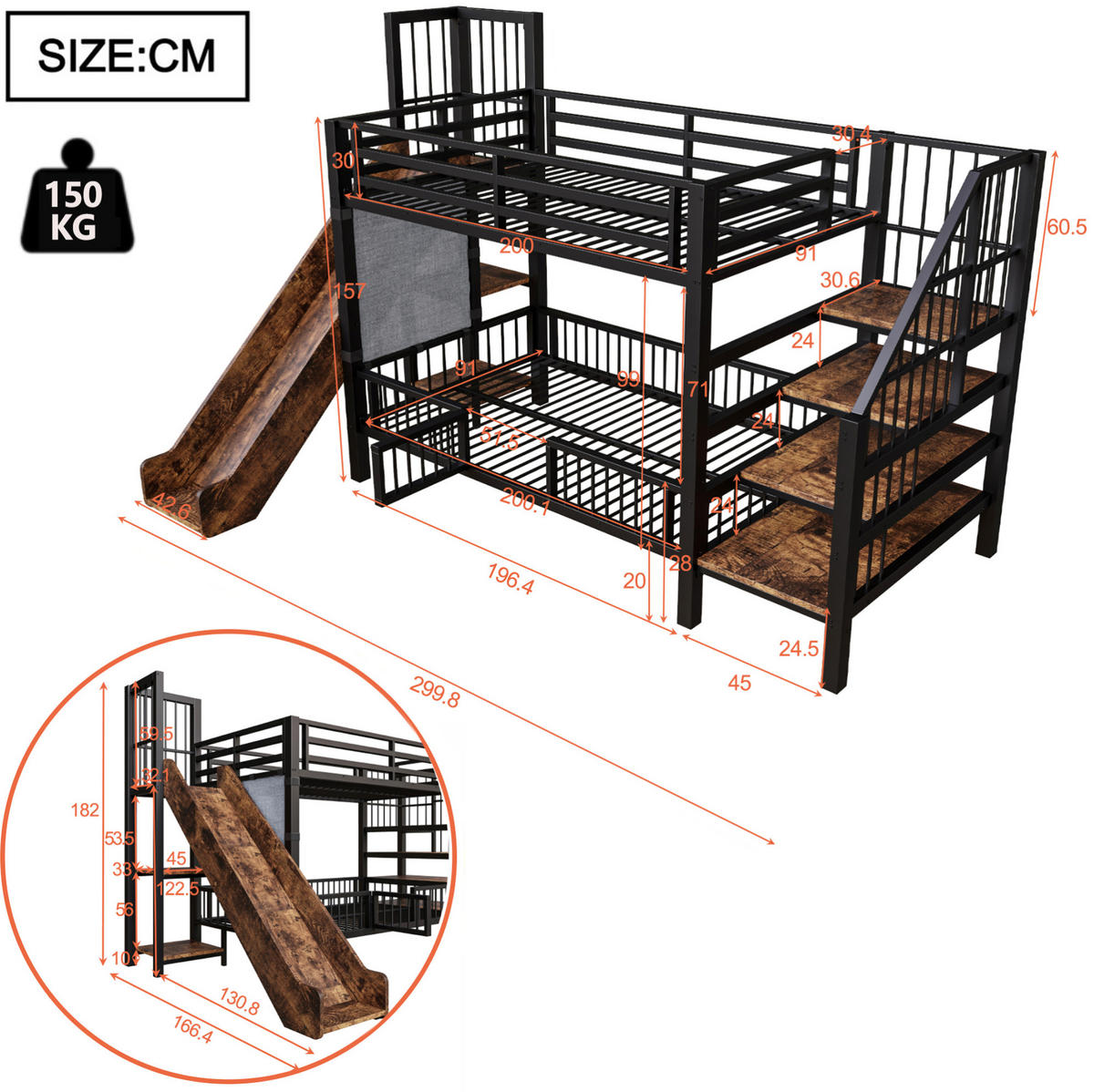 VISOKA postelja 90/200 cm črna z drsnikom in stopnicami za shranjevanje iz kovine in MDF - črna, leseni material (90/200cm) - OKWISH