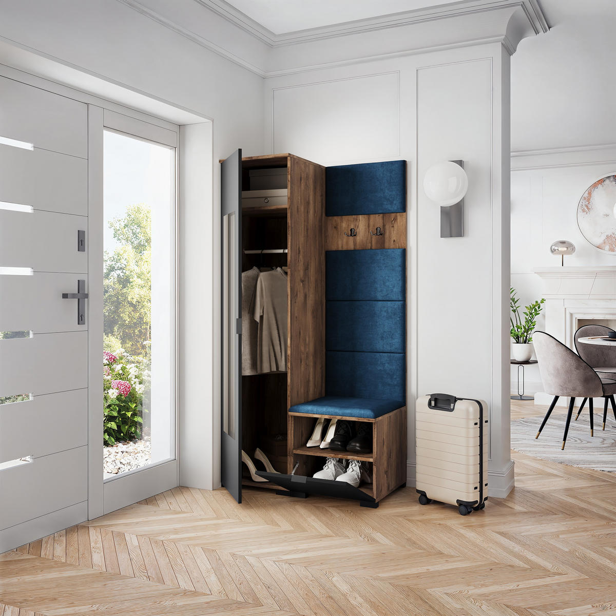 GARDEROBENSCHRANK VIRA 95/181/51 cm Modern Garderobe-Set Eiche Lefkas - Blau/Eichefarben, Holzwerkstoff (95/181/51cm) - MASSENO