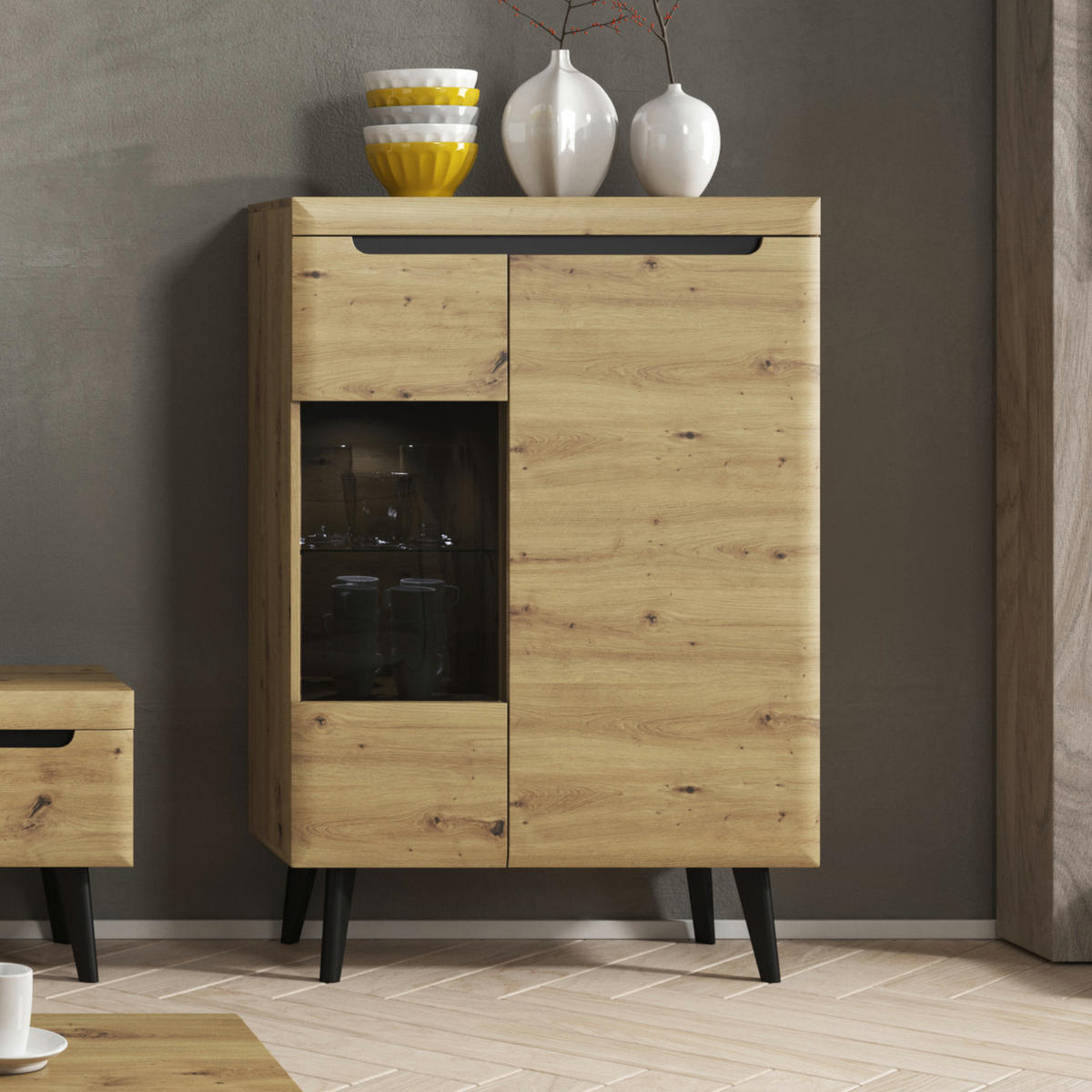 VITRINE SUDBURRY WIT2-2D Fronten, aus MDF-Platte, Eiche - Eichefarben, Holzwerkstoff/Kunststoff (90/134/40cm) - Komodee