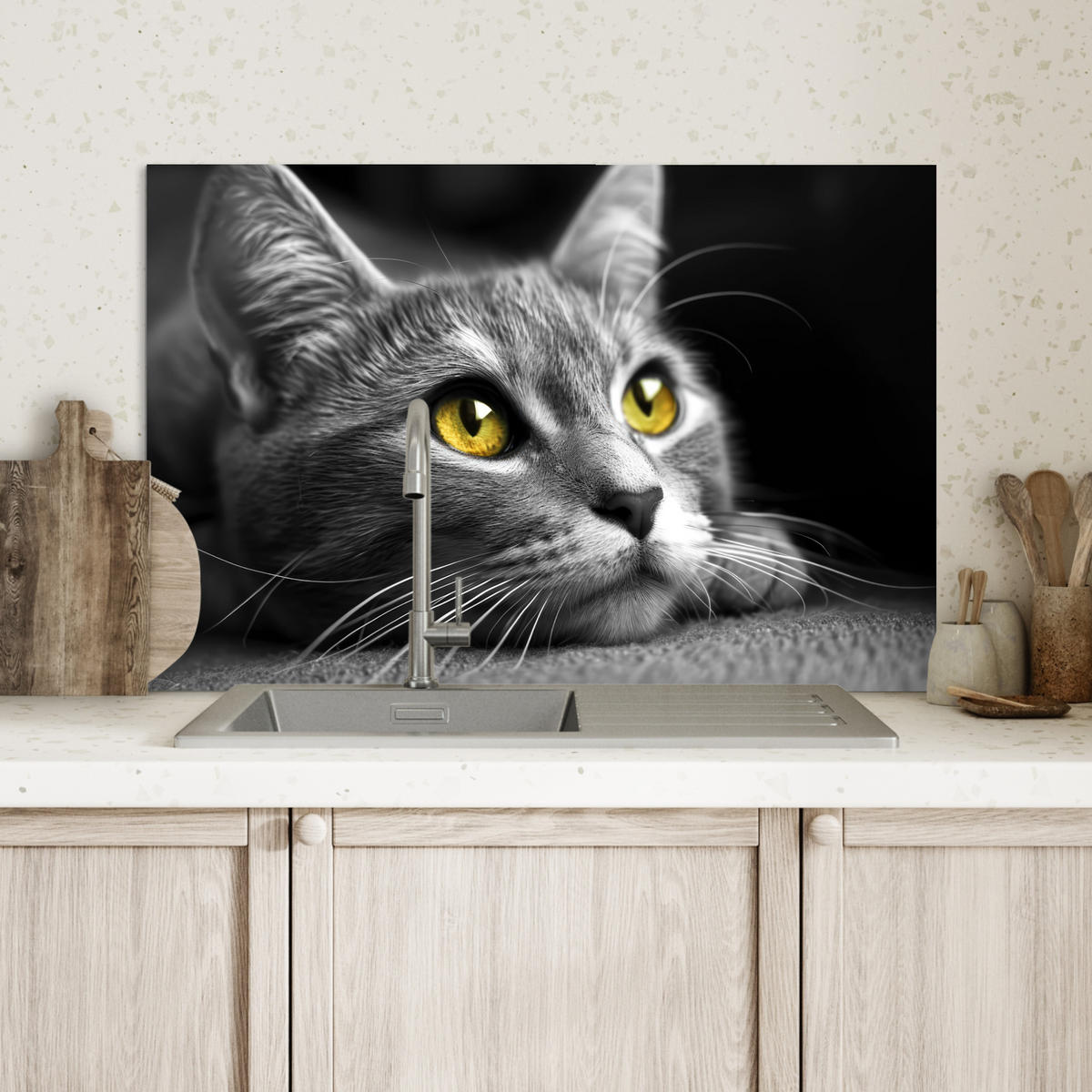 SPRITZSCHUTZ KÜCHE Katze - Grau - Tiere - Katze 70x50 cm - Grau, Metall (70/0.3/50cm) - MuchoWow