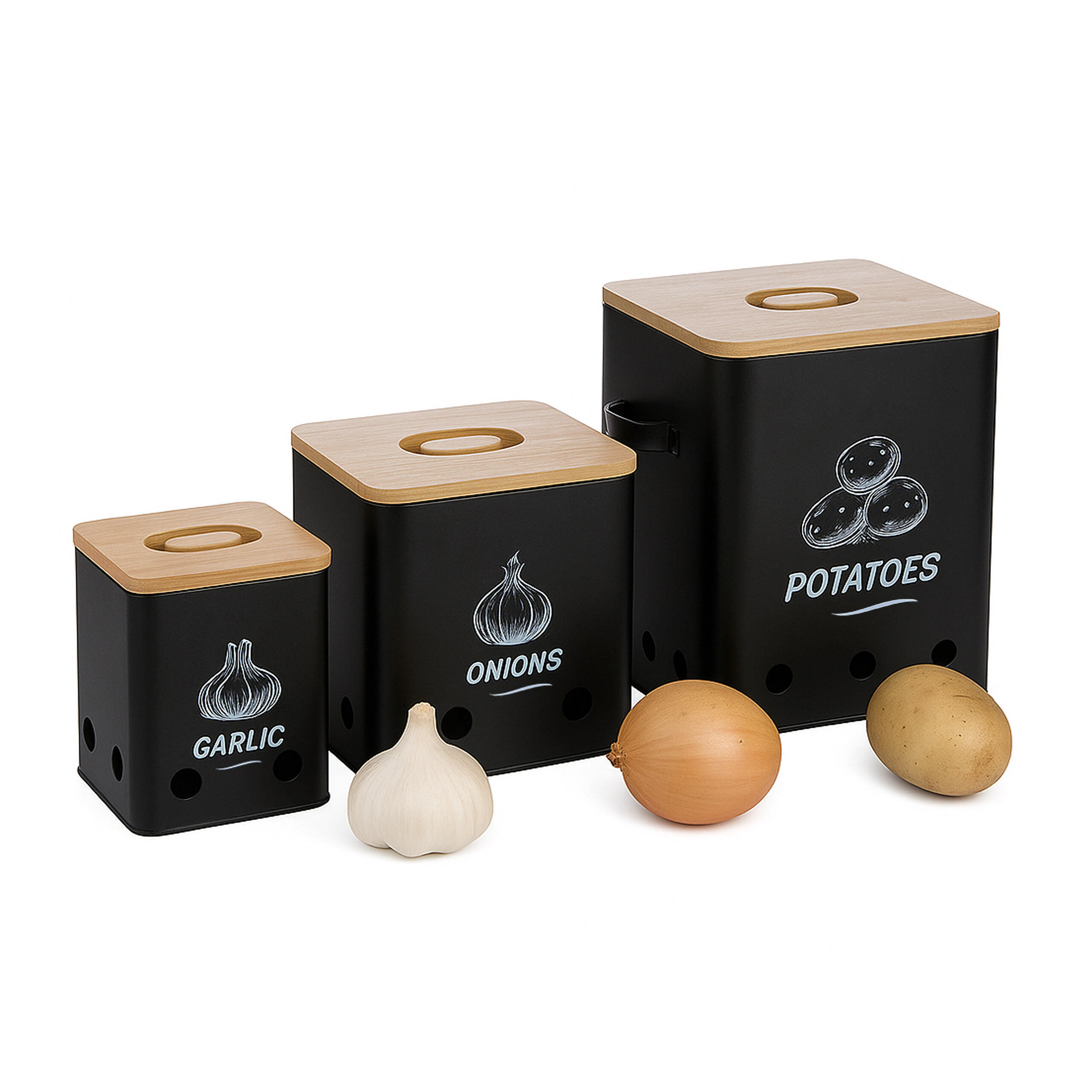 3XKARTOFFEL-AUFBEWAHRUNGSBOX - Schwarz, Holz/Kunststoff - Relaxdays