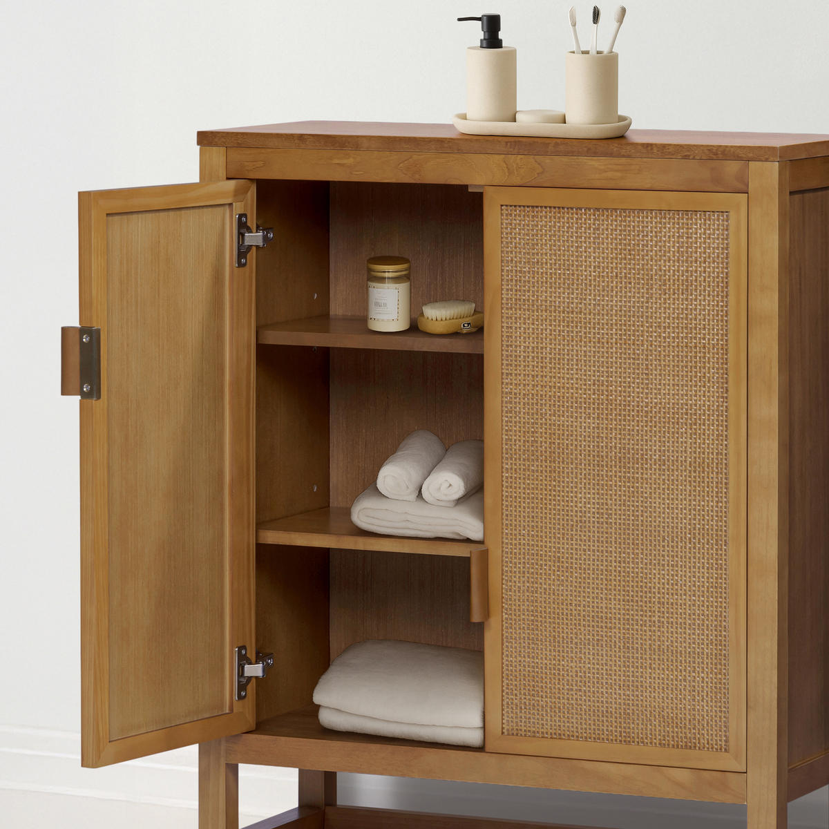 AKZENT-SCHRANK, 2 Rattan Türen, 71cm, Braun - Braun, Holz (71/86/30cm) - Teamson Home