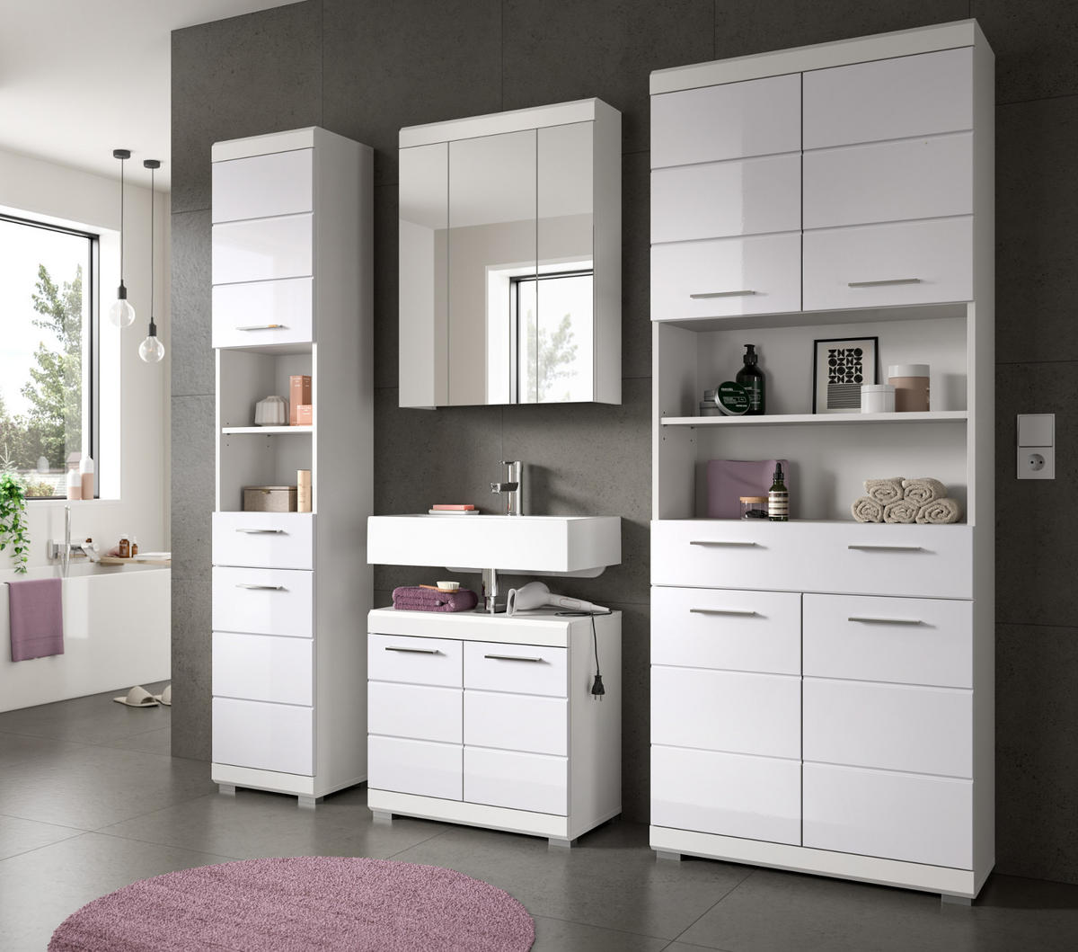 HOCHSCHRANK weiß Hochglanz 74 cm, Badschrank mit 6 Fächern - Weiß Hochglanz/Silberfarben, Holzwerkstoff/Kunststoff (74/191/31cm) - Inn.Furn