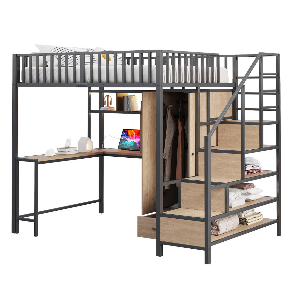 HOCHBETT 140/200 cm mit Schreibtisch, Kleiderschrank, Regalen, LED und Steckdosen, Schwarz - Schwarz, Metall (140/200cm) - Redom