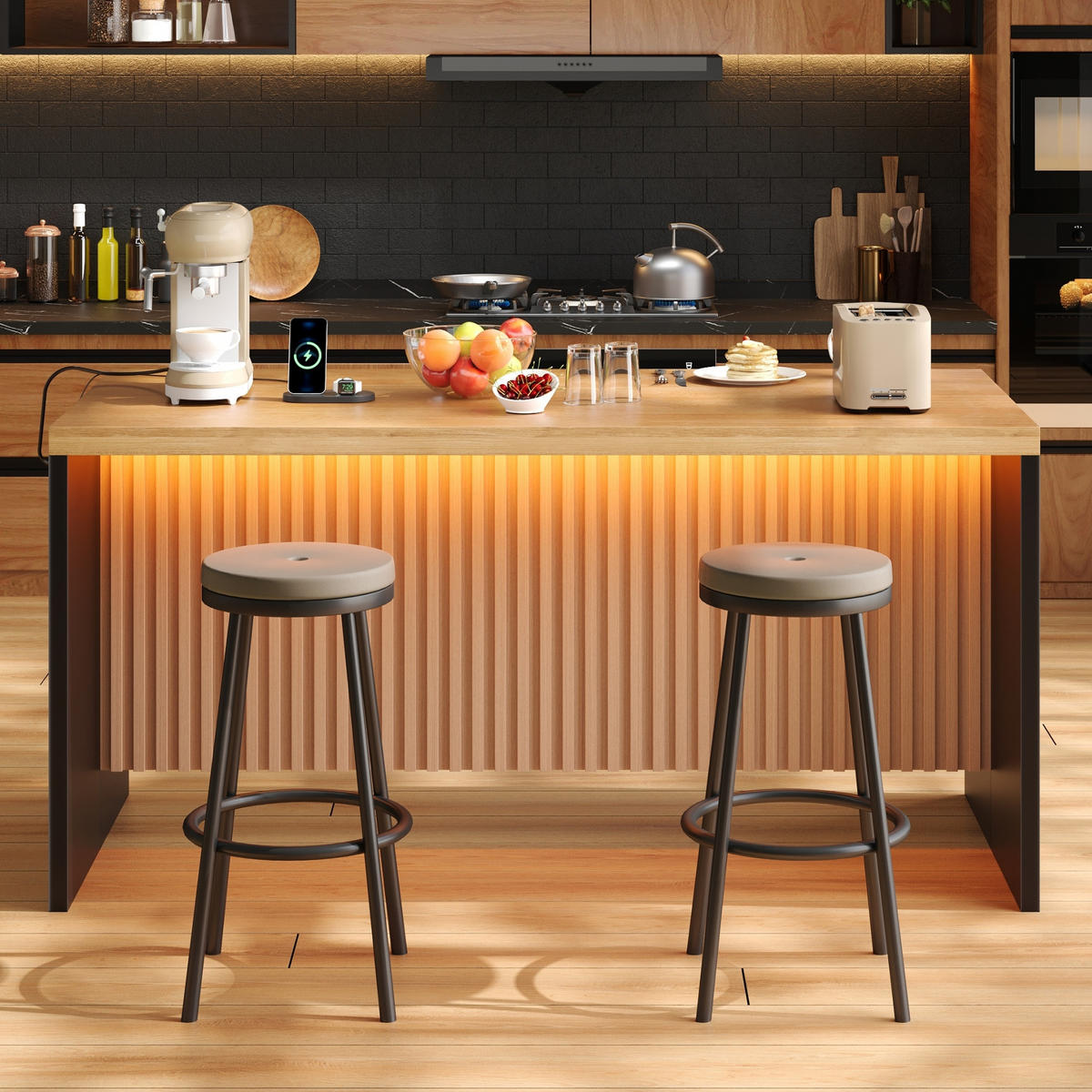 KÜCHENINSEL 155/80/90 cm Natürlich mit LED-Leuchten, 2 Steckdosen und 2 USB-Anschlüsse - Naturfarben, Holz/Holzwerkstoff (80/90/155cm) - Oxeza