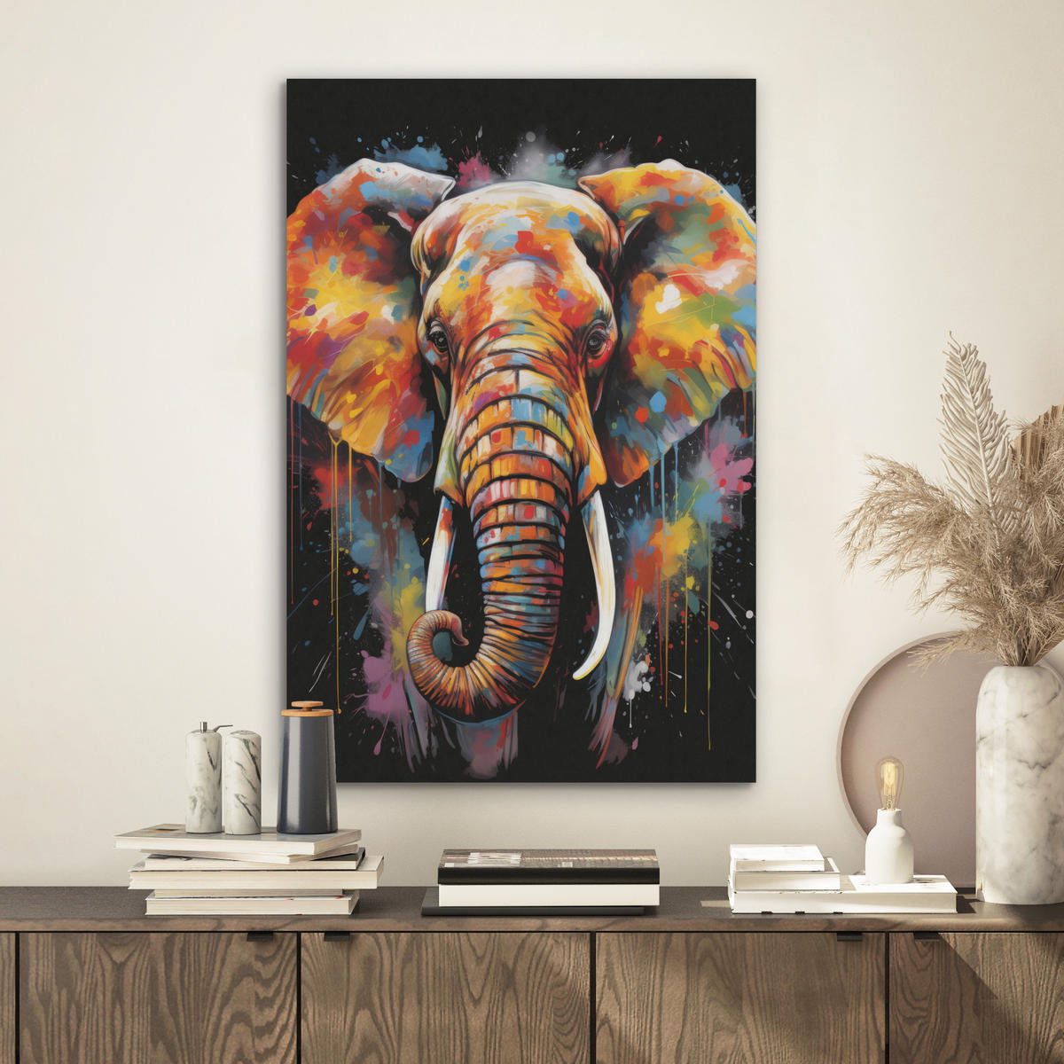 AKUSTIKBILD Elefant - Graffiti - Schwarz - Tiere - Farben Kunstdruck Schlafzimmer 50x70 cm - Schwarz, Kunststoff (50/70/0.9cm) - MuchoWow