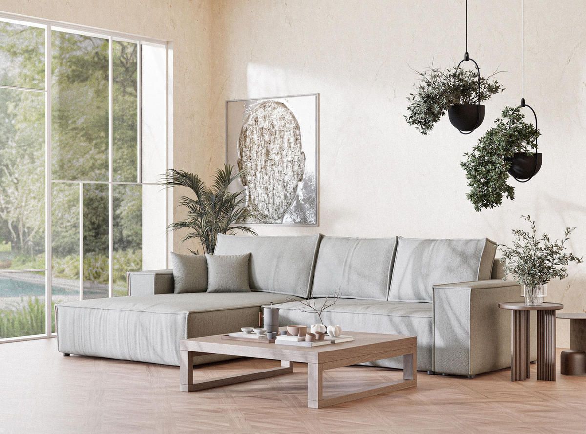 ECKSOFA MIT SCHLAFFUNKTION Maze Hellgrau Webstoff - Hellgrau/Schwarz, Holz/Holzwerkstoff (294/185cm) - Maison de Reve