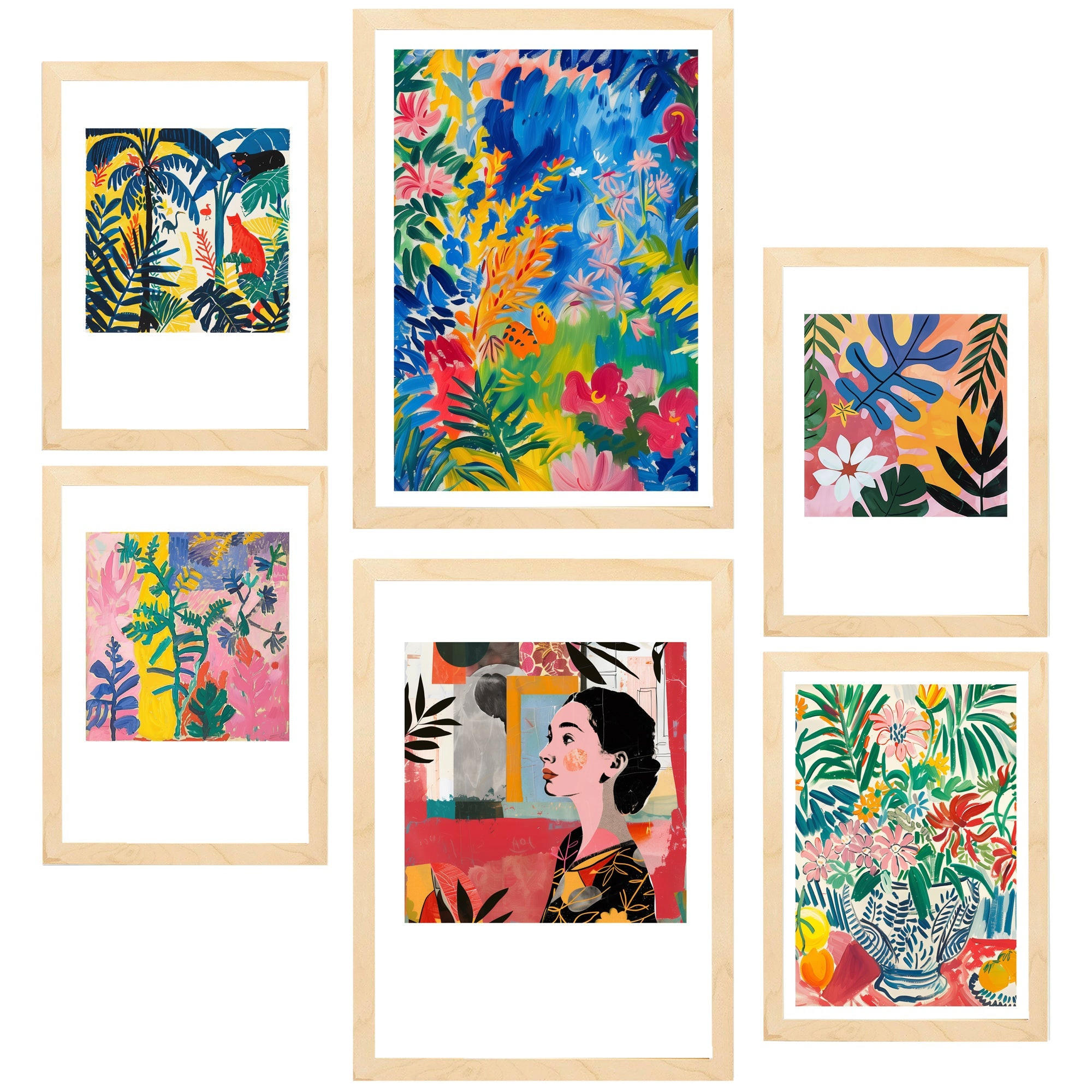 POSTER Set Mit 6 Blumig & Auffällig Matisse A3 & A4 Rahmen Aus Hellem Holz - Beige, Papier (29/3cm) - Nacnic