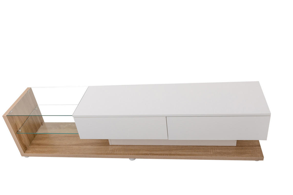 TV-LOWBOARD aus Spanplatte 170x36x38 cm Weiß Hochglanz mit LED-Beleuchtung, 2 Schubladen und Glasböden - Weiß, Holzwerkstoff (170/38/36cm) - Modfu