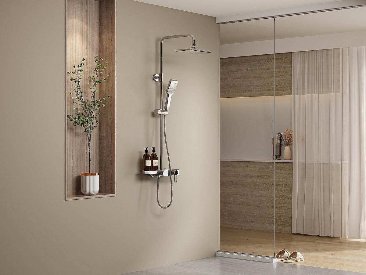 DUSCHSÄULE mit Ablage - Edelstahl - Nickel gebürstet - Höhenverstellbar - JIZEO - Silberfarben, Metall (40/126/35.5cm) - Vente-Unique