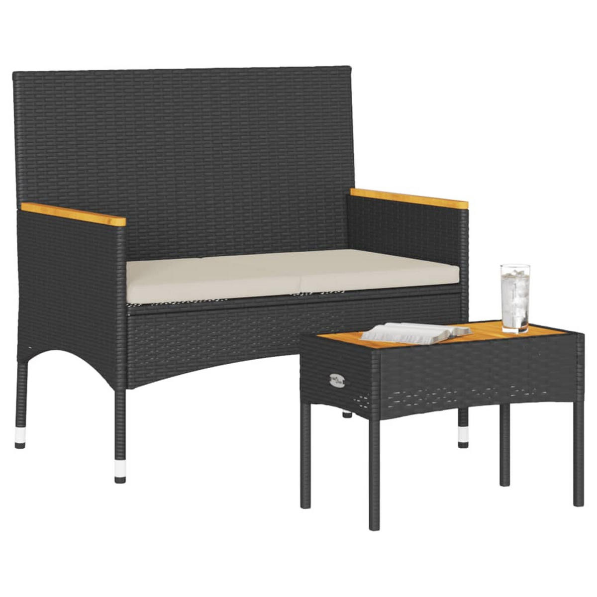 GARTENBANK 2-Sitzer mit Kissen und Tisch Schwarz Poly - Schwarz, Kunststoff (90/85/90cm)