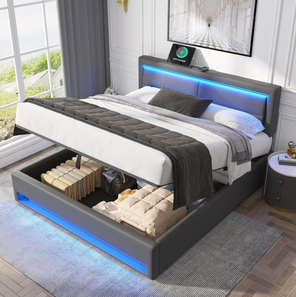 POLSTERBETT 160/200 cm Grau mit USB-Anschluss und LED-Beleuchtung - Grau, Kunststoff (160/200cm) - OKWISH