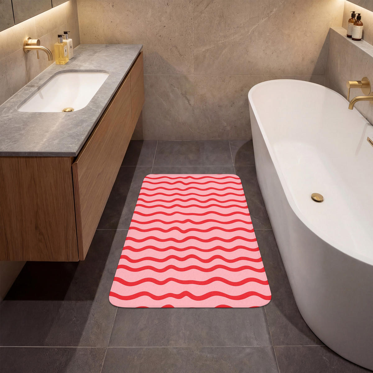 KÚPEĽŇOVÁ PREDLOŽKA Hravé - vzor - červená 60x90 cm - ružová, textil/plast (60/90cm) - OnlyWow