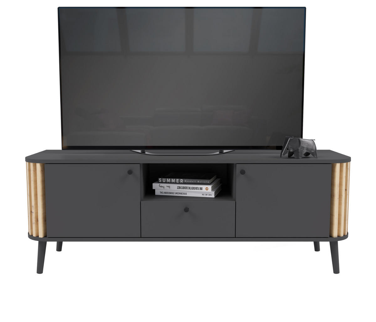 TV-LOWBOARD grau, Eiche Artisan 138 cm, Fernsehtisch mit 3D-Lamellen - Dunkelgrau/Schwarz, Holzwerkstoff/Metall (138/50/40cm) - Inn.Furn