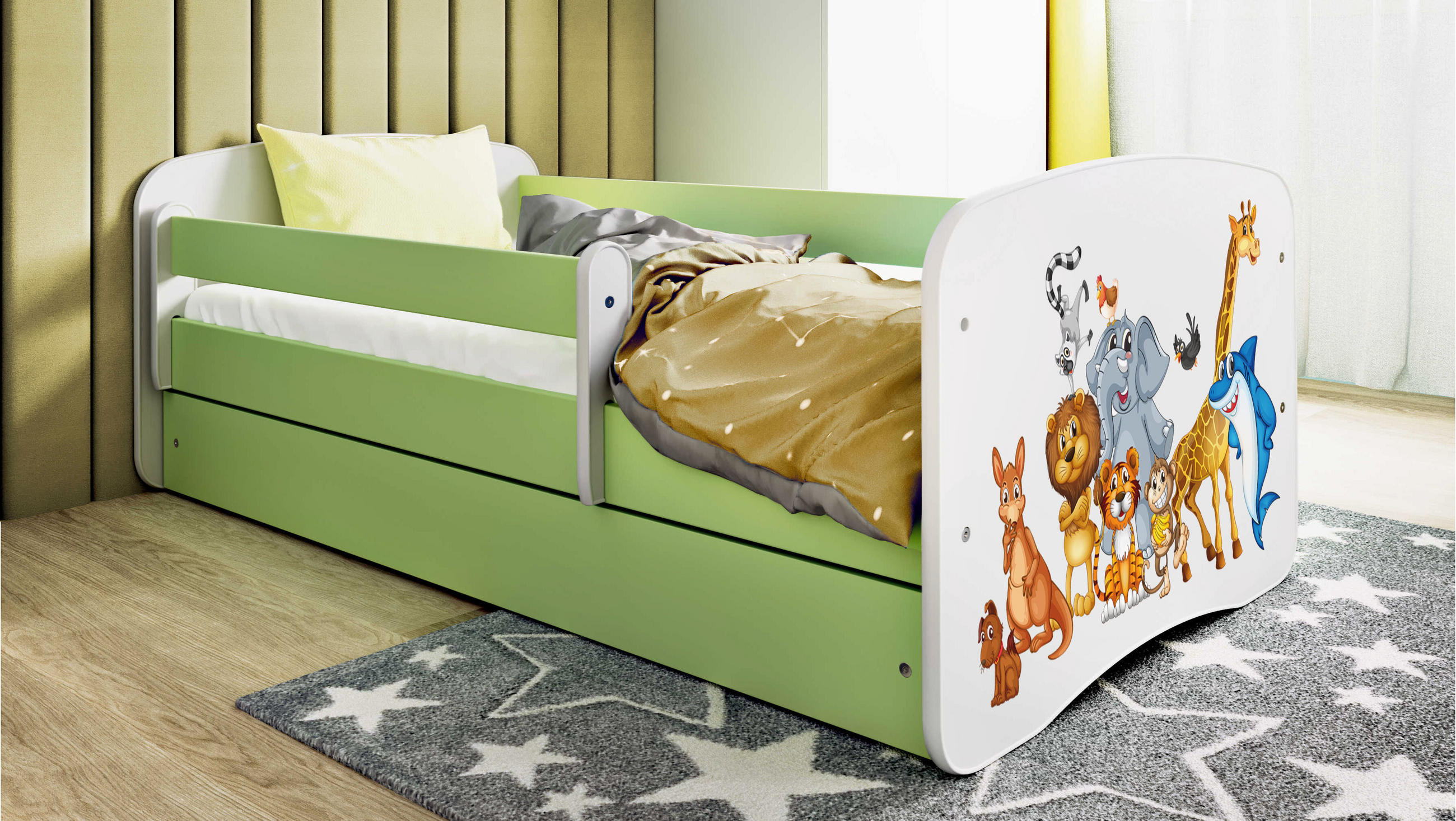 KINDERBETT Tiere mit Schublade und Matratze 160/80 - Grün, Holzwerkstoff (80/160cm) - RAUMHIRSCH FURNITURE