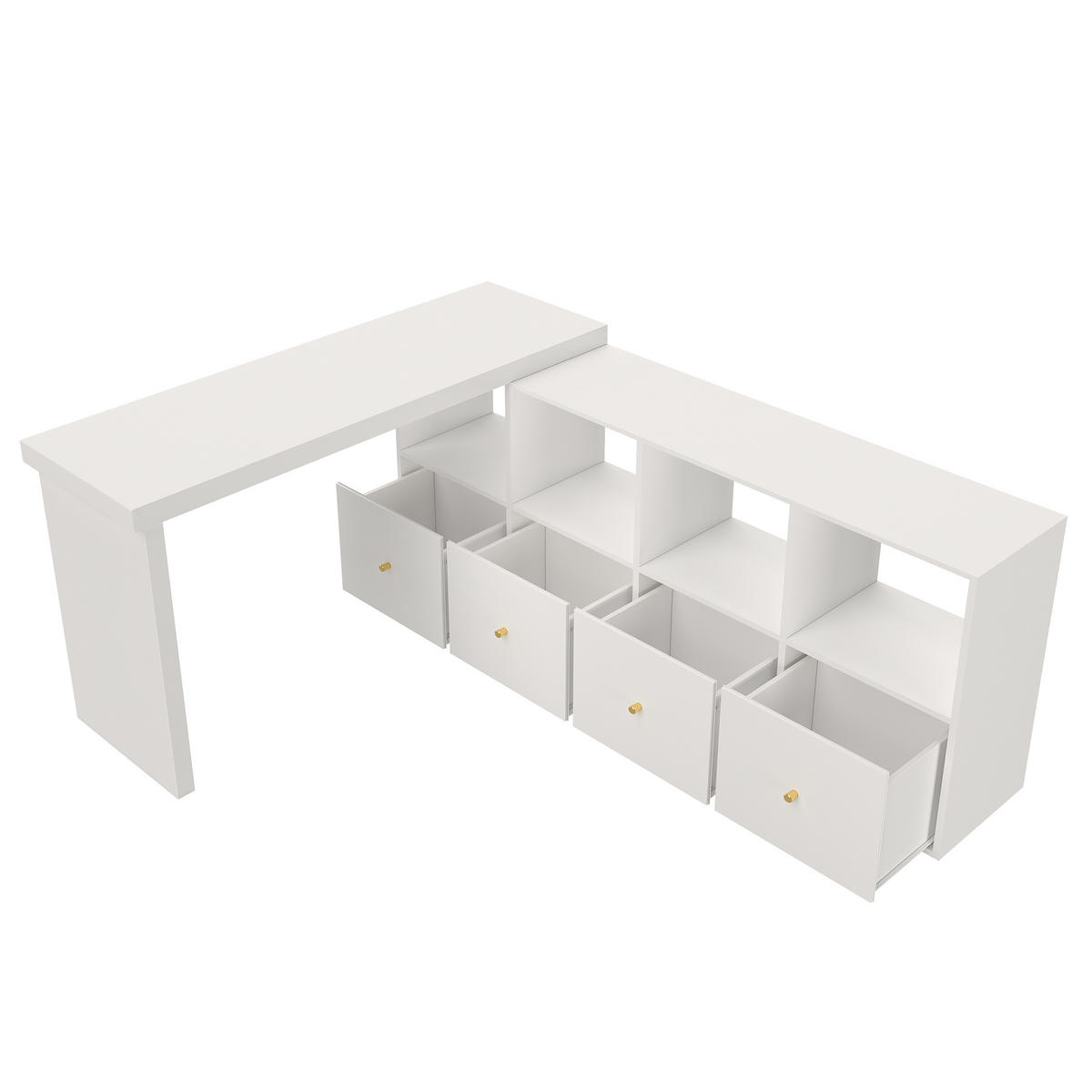 ECKSCHREIBTISCH 360° drehbar L-Form 4 Schubladen 4 Fächer weiß MDF - Weiß, Holzwerkstoff (120/48/78cm) - FLIEKS