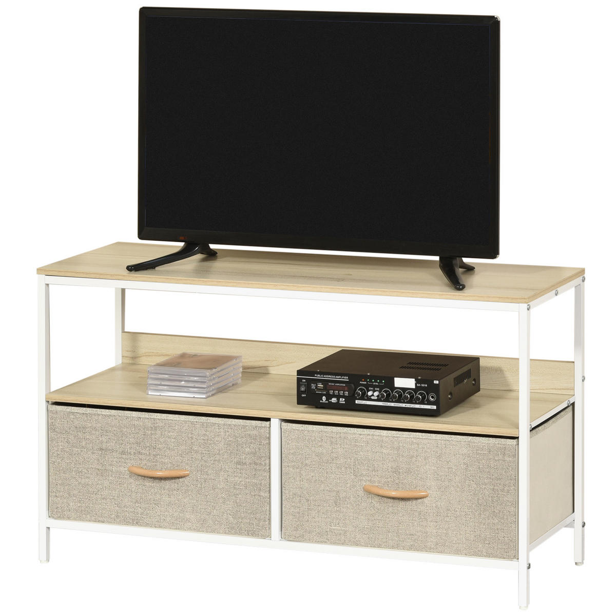 TV-LOWBOARD Naturfarben/Weiß/Grau 98/29/56 cm, 2 Stoffschubladen, Metallgestell - Hellgrau, Holzwerkstoff (98/56/29cm) - PANGIVO