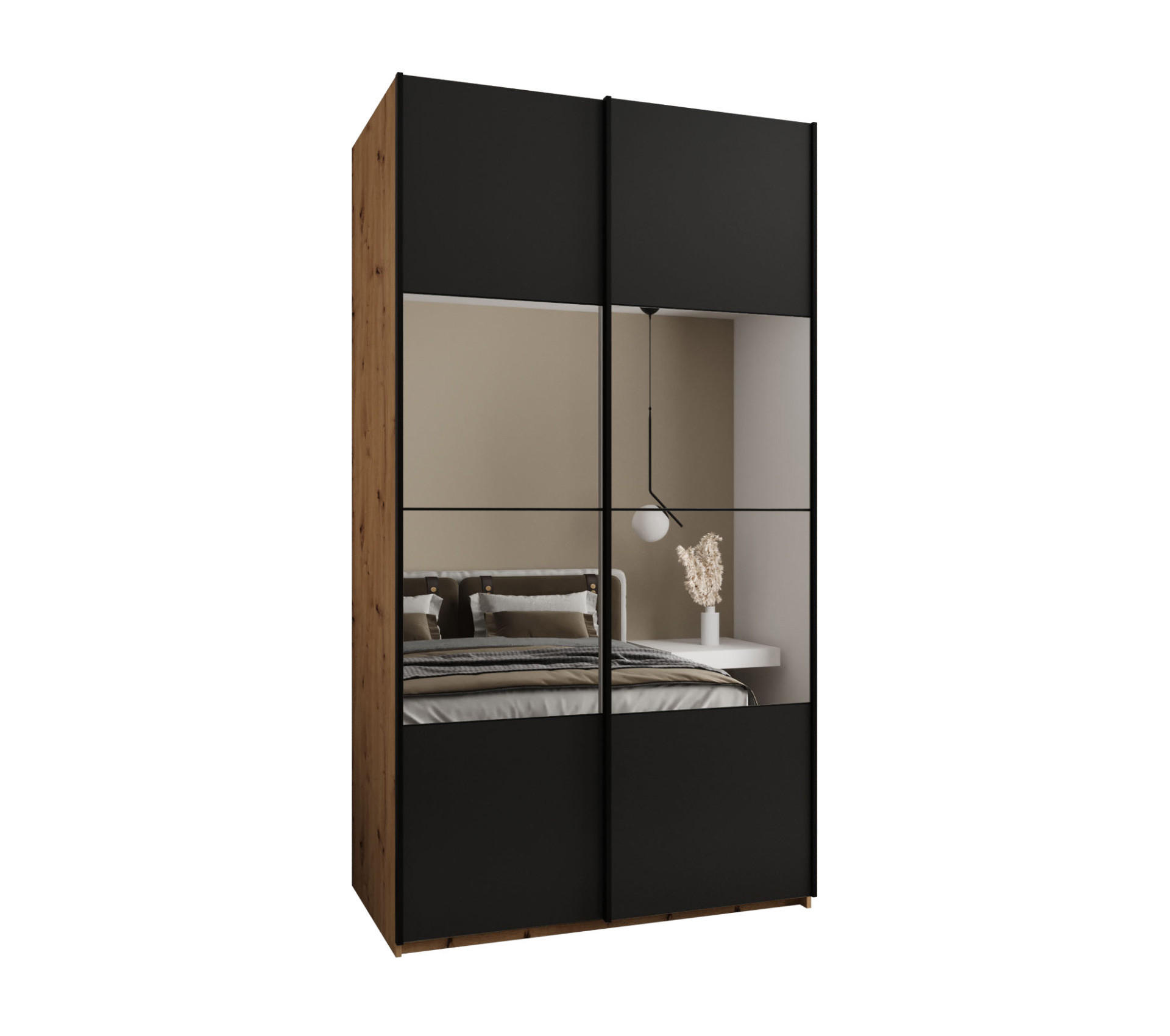 Abiks Möbel Schwebetürenschrank Eiche Artisan, Schwarz, Schwarz 140x245x64 cm