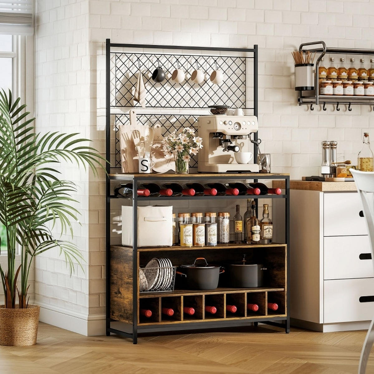 BUFFET aus Holz und Metall 96,5/38/165 cm Braun-Schwarz mit Arbeitsfläche, Weinregal und 5 Haken - Braun, Holzwerkstoff (96.5/165/38cm) - Modfu
