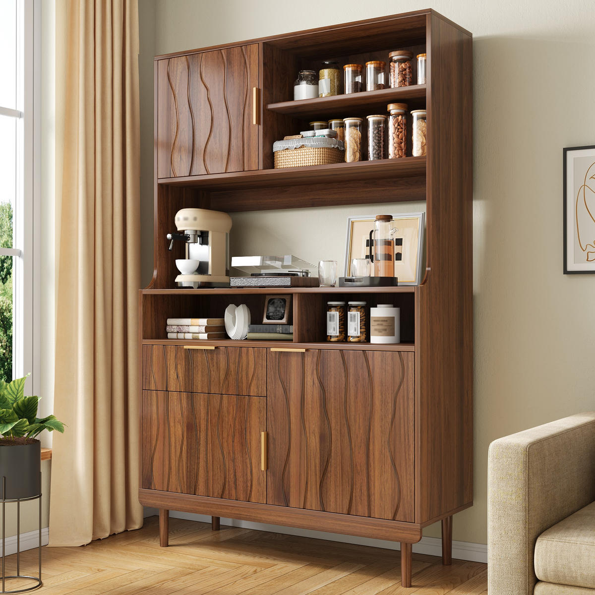 KÜCHENSCHRANK mit Türen, Schublade und offenen Regalen - Walnussfarben, Holzwerkstoff (100/170/32cm) - FLIEKS