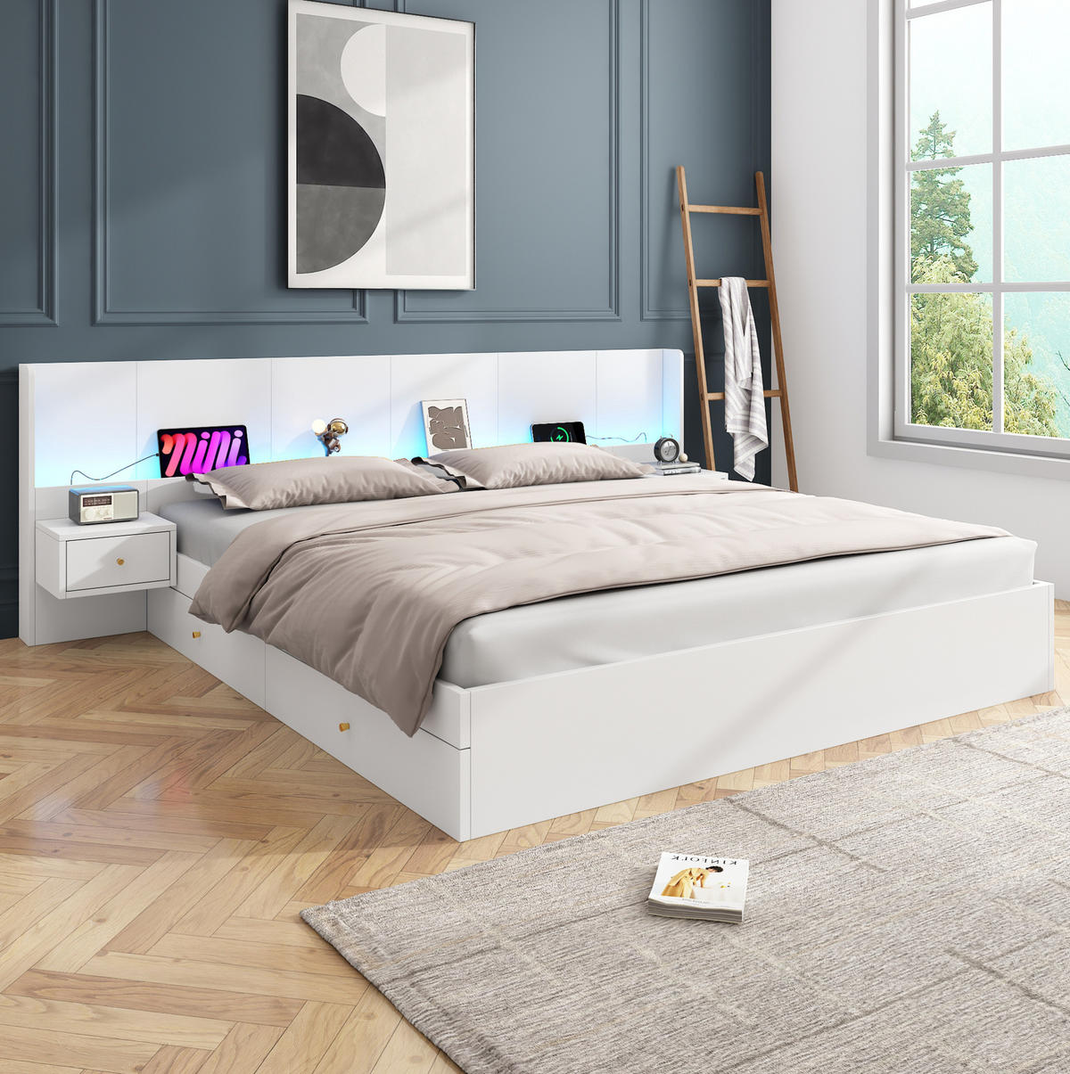 KINDERBETT aus MDF 180x200 cm Weiß mit USB, Steckdose, LED-App-Steuerung und Stauraum - Weiß, Holzwerkstoff (180/200cm) - Modfu
