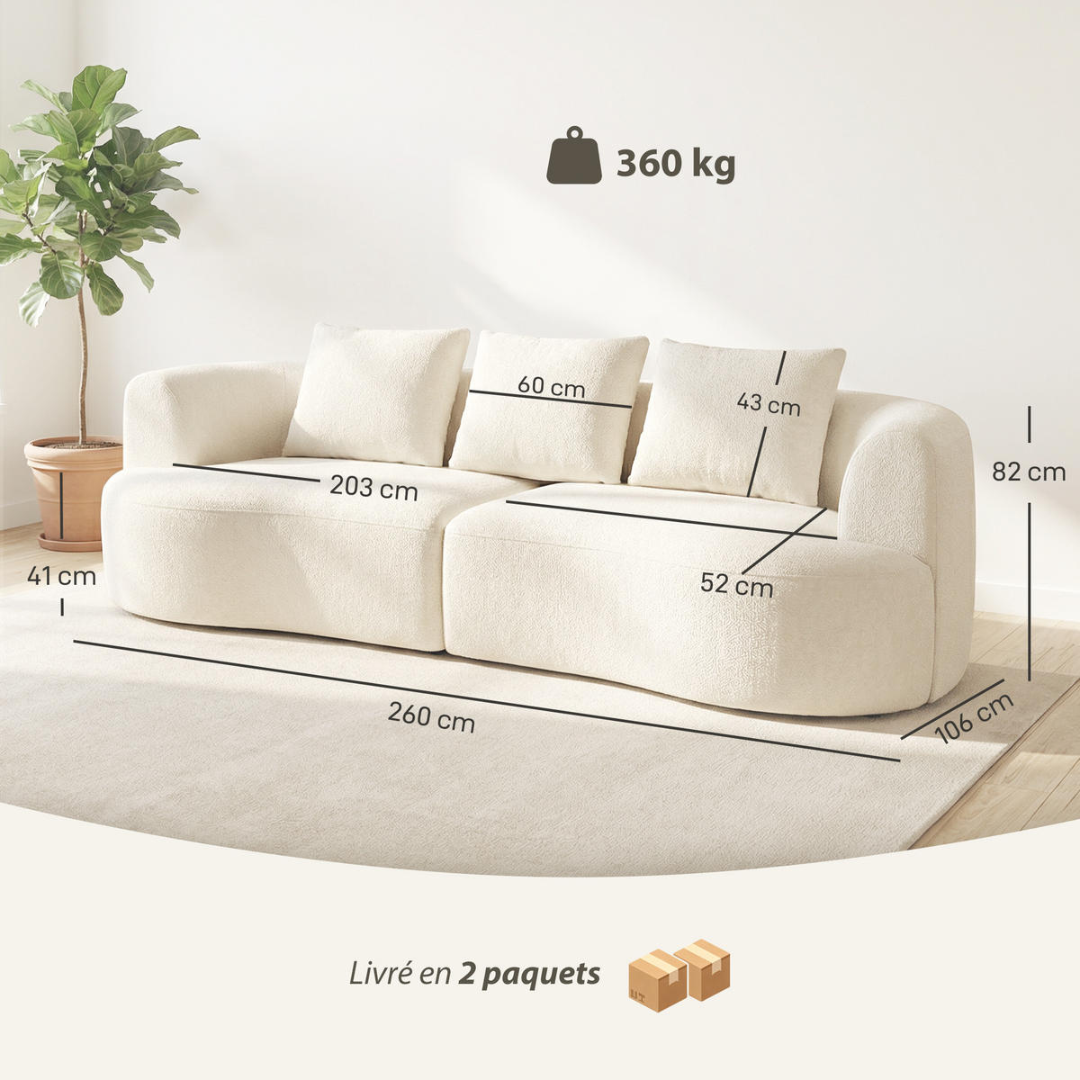 3-SITZER-SOFA DE-13518 mit 3 Kissen, keine Montage Creme - Creme, Textil (106/82/260cm) - ComfortXL