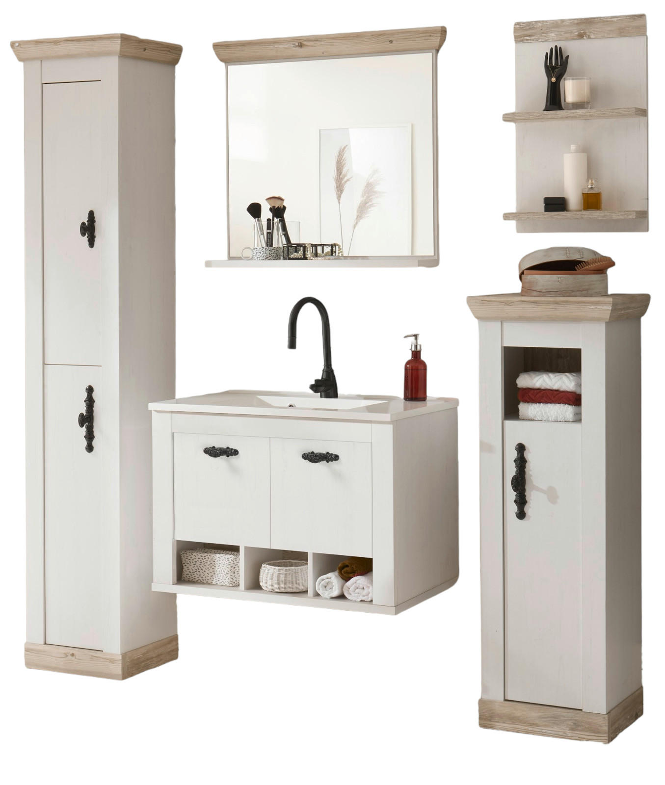 BADKOMBINATION Pinie weiß, Oslo Pinie, Landhaus Badmöbel Set 6-tlg. hängend MIT Waschbecken 205 x 200 cm - Anthrazit/Weiß, Holzwerkstoff/Metall (205/200/46cm) - Furn.Design