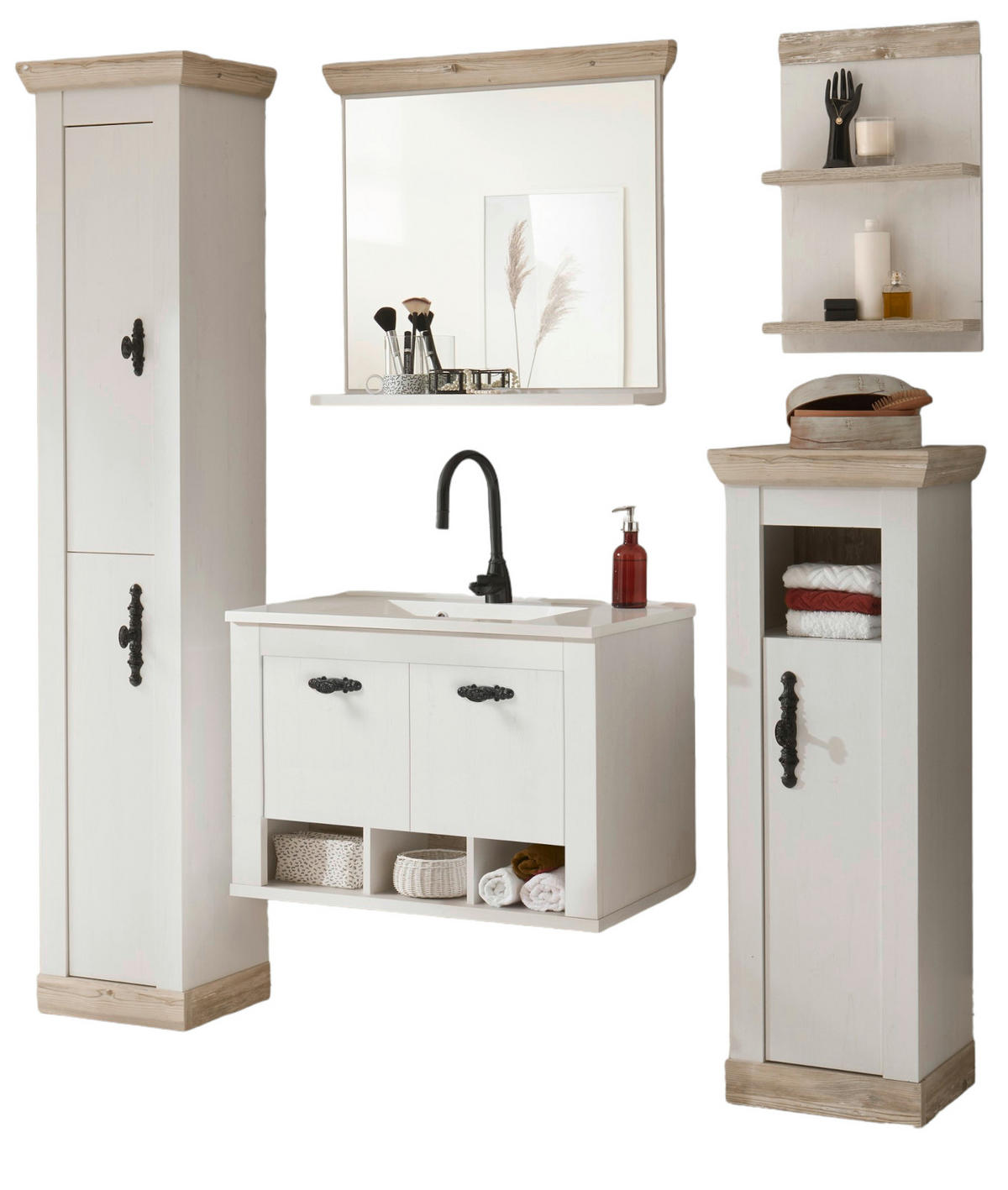 BADKOMBINATION Pinie weiß, Oslo Pinie, Landhaus Badmöbel Set 6-tlg. hängend MIT Waschbecken 205 x 200 cm - Anthrazit/Weiß, Holzwerkstoff/Metall (205/200/46cm) - Furn.Design