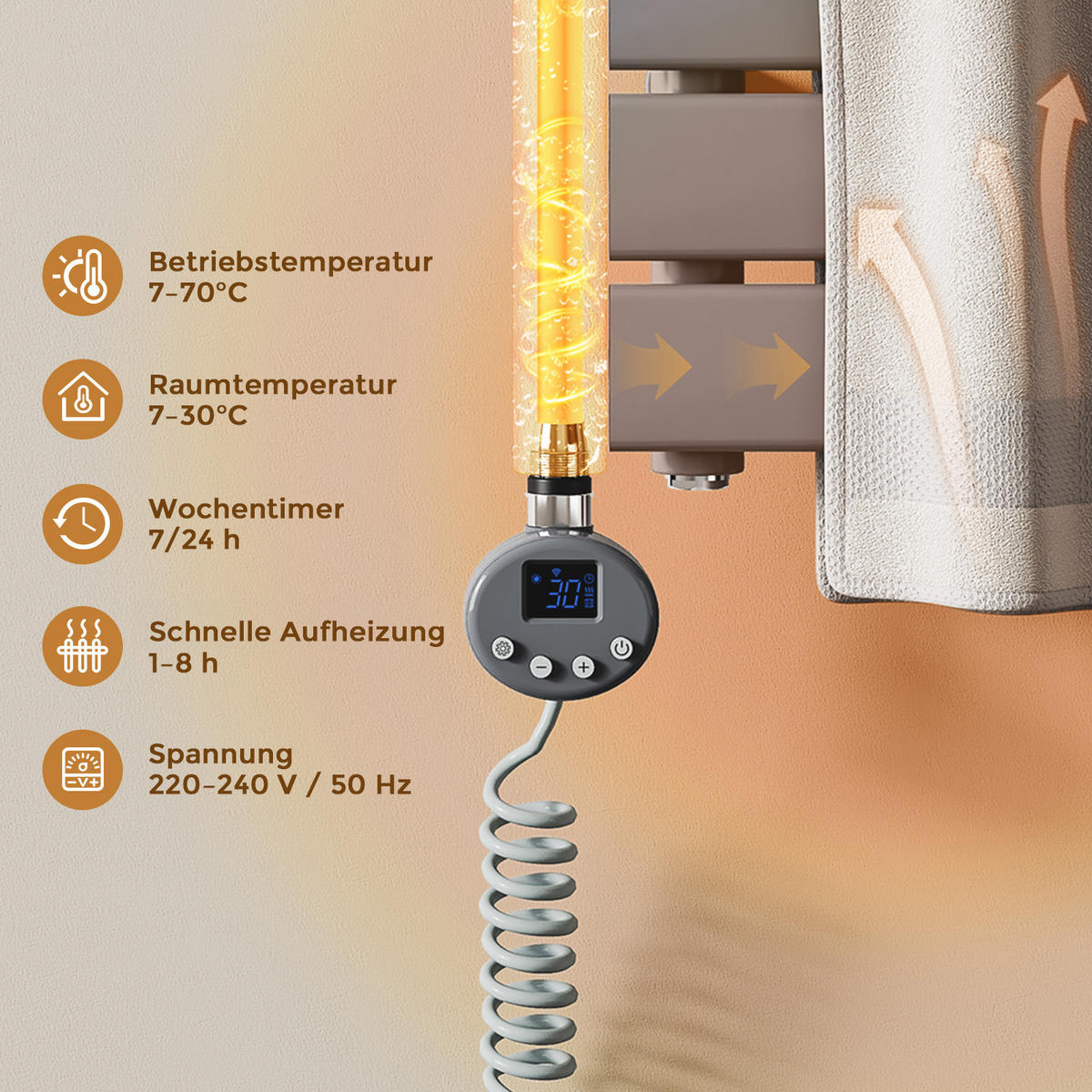 HEIZSTAB 600 W Anthrazit mit WLAN-Thermostat G1/2" für Handtuchheizkörper und Badheizkörper - Anthrazit, Metall (6.9/62/6.2cm) - S'AFIELINA