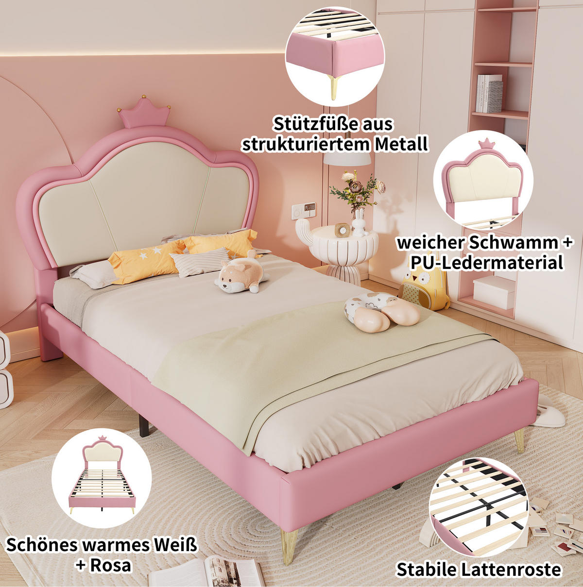 POLSTERBETT 90/200 cm Rosa/Weiß aus PU mit Kronen-Kopfteil - Weiß, Kunststoff (90/200cm) - OKMYHOME