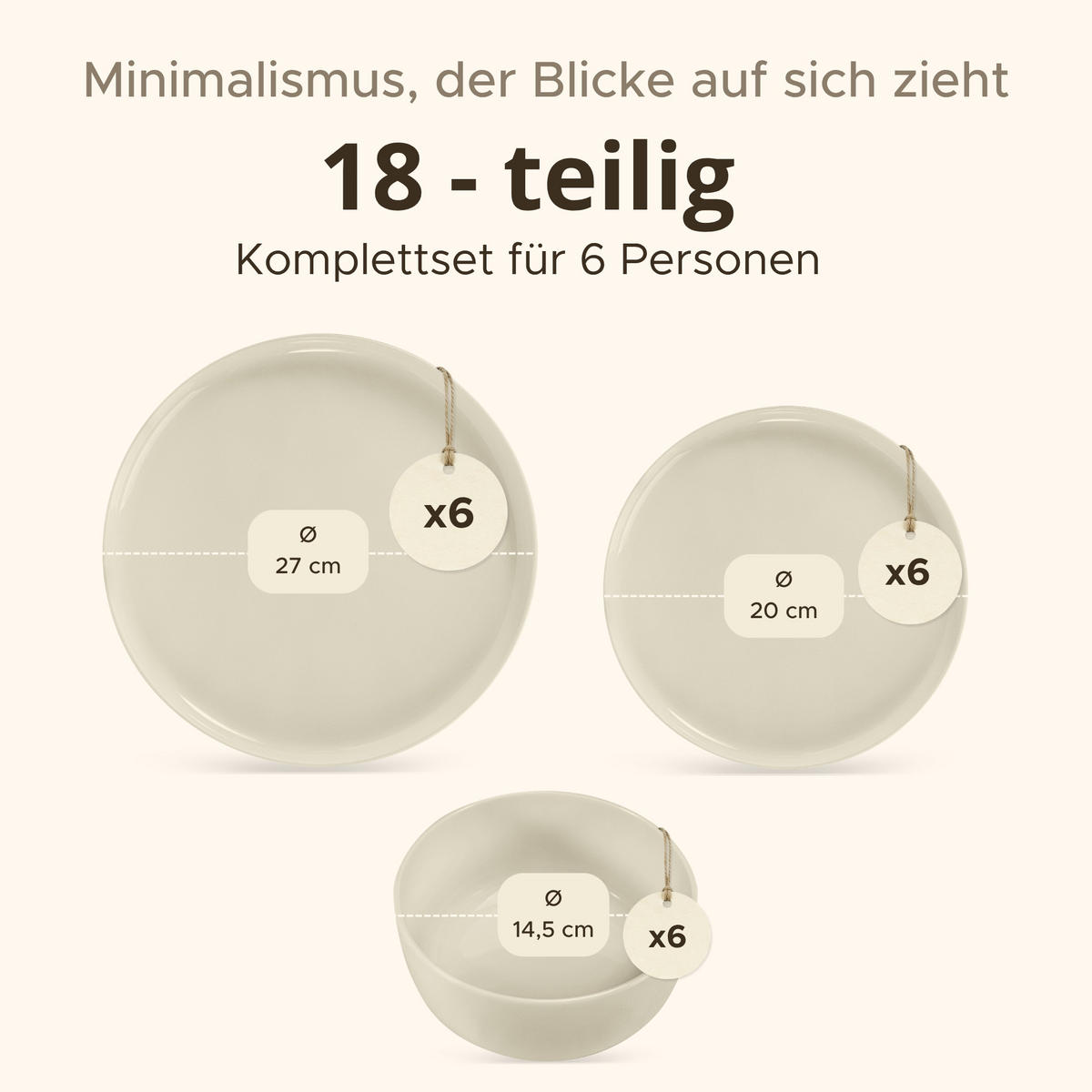 TAFELSERVICE VICTO Schüssel 6 Personen 18-tlg - Beige, Keramik (27/2/27cm) - KONSIMO®