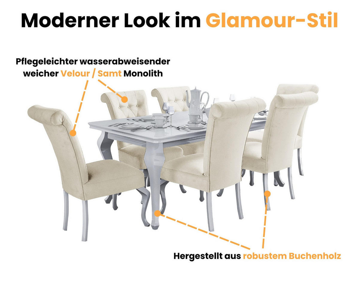 TISCHGRUPPE LUISE 170(+40)/90 cm in Weiß Hochglanz mit 6 Stühlen in Beige - Weiß Hochglanz/Beige, Holz/Holzwerkstoff (90/76/170cm) - Deine Möbel 24